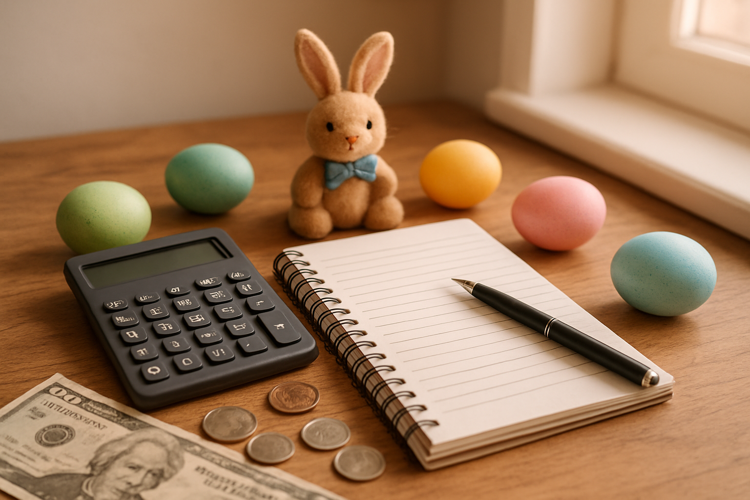 Create a realistic image of a wooden desk with Easter-themed budgeting materials including a calculator, notebook with handwritten budget categories, colorful Easter eggs, a small Easter bunny decoration, scattered coins and dollar bills, and a pen, set against a soft pastel background with warm natural lighting from a window, creating a cozy planning atmosphere. Absolutely NO text should be in the scene.