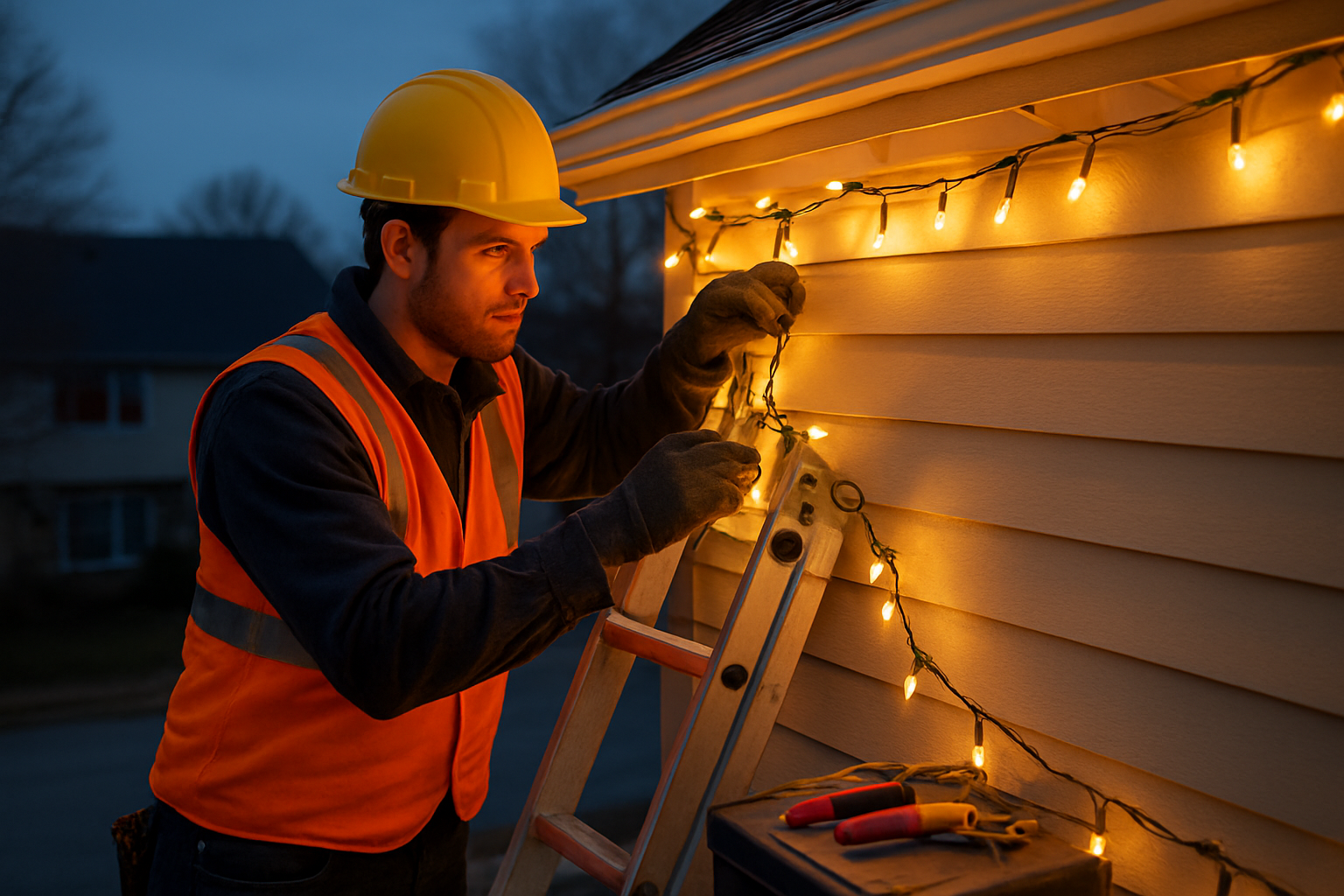 Create a realistic image of a white male electrician in safety gear including hard hat and reflective vest carefully installing Christmas lights on the exterior of a house, using a sturdy ladder positioned against the wall, with professional electrical tools visible nearby, warm golden lighting from installed lights already glowing, suburban home setting during evening twilight, emphasizing safety practices and professional installation techniques, Absolutely NO text should be in the scene.