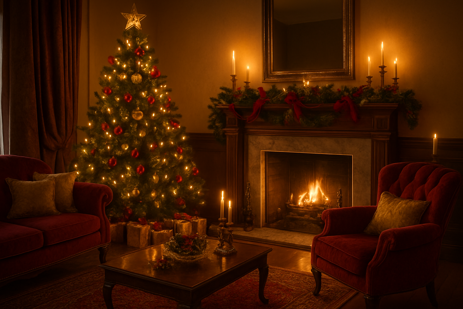 Create a realistic image of an elegant traditional Christmas living room featuring a grand evergreen Christmas tree decorated with classic gold and red ornaments, warm white lights, and a beautiful star topper, positioned beside a marble fireplace with a rich wooden mantel adorned with lush green garland, red velvet ribbons, and flickering candles, luxurious burgundy and gold velvet furniture with plush cushions, antique brass candlesticks, crystal decorations, and wrapped presents in elegant gold and burgundy paper beneath the tree, warm golden lighting from the fireplace and soft ambient light creating a cozy atmosphere, rich hardwood floors with an ornate Persian rug, heavy curtains in deep colors framing windows, and classic holiday elements like pinecones and holly berries scattered throughout the scene, absolutely NO text should be in the scene.