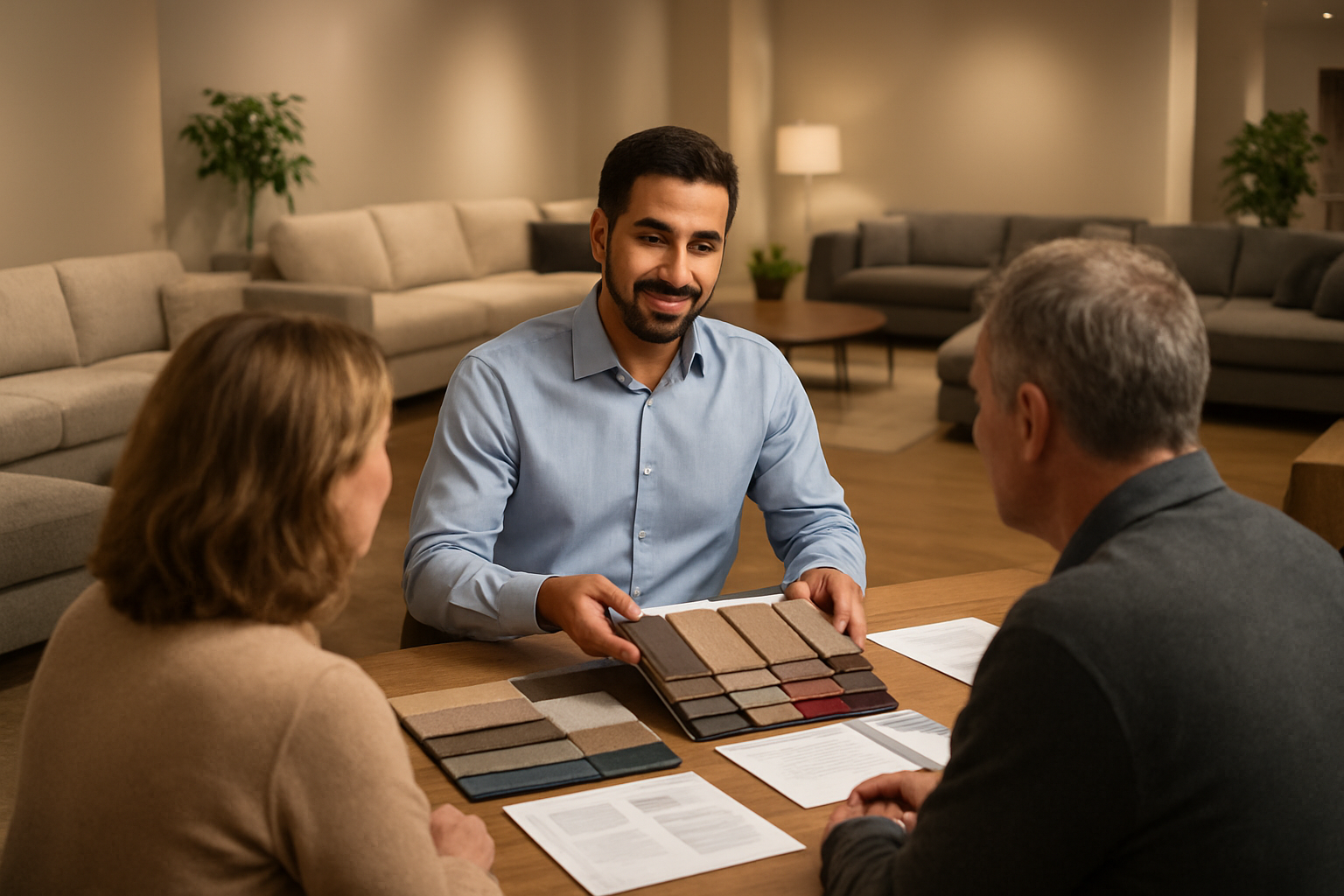 Create a realistic image of a modern furniture showroom interior featuring a professional Middle Eastern male consultant in a business shirt showing additional services to customers, with luxury sofas and couches displayed in the background, fabric samples and color swatches on a consultation table, warranty documents and service brochures visible on the desk, soft ambient lighting creating a welcoming atmosphere, potted plants adding warmth to the space, and a clean organized environment that conveys premium customer service and added value offerings, absolutely NO text should be in the scene.