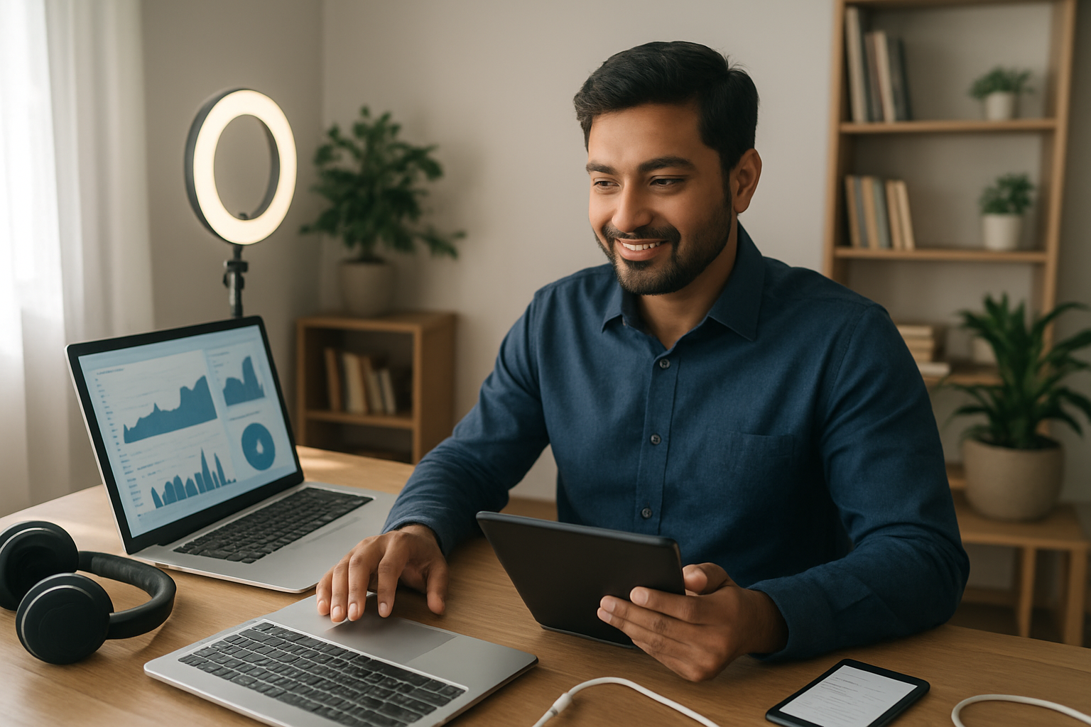Create a realistic image of a South Asian male freelancer sitting at a modern desk with multiple digital devices including a laptop, tablet, and smartphone displaying various work applications, surrounded by high-tech elements like wireless headphones, a ring light, and charging cables, with a contemporary home office setup in the background featuring bookshelves and plants, under bright natural lighting from a window, conveying productivity and technological empowerment, absolutely NO text should be in the scene.