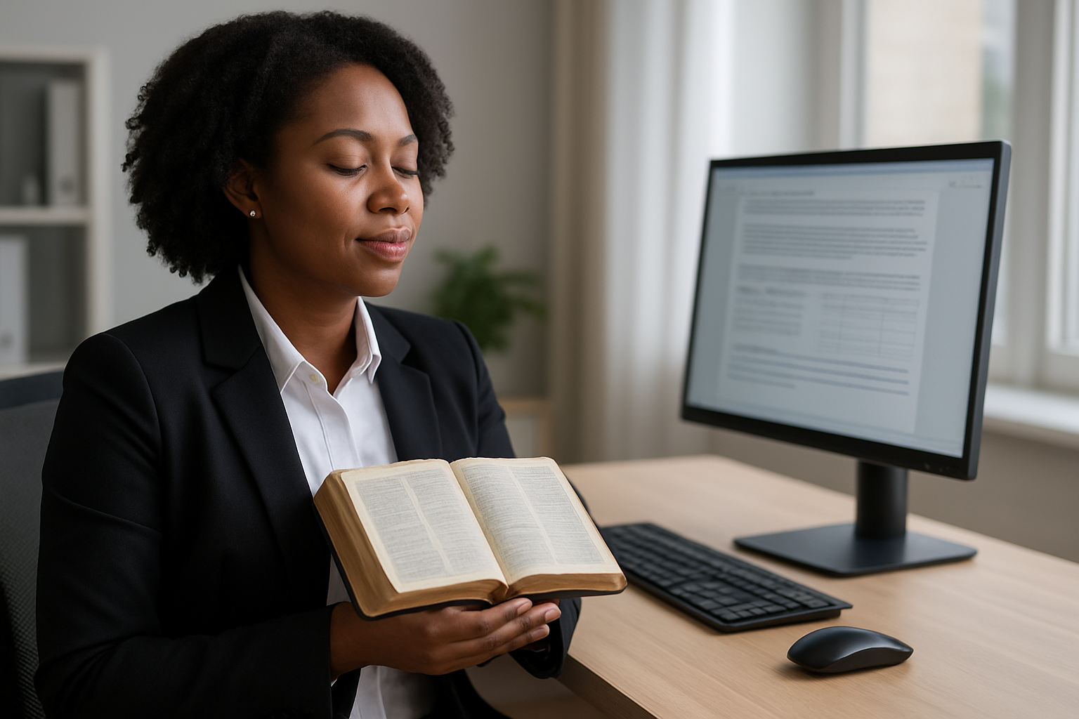 Create a realistic image of a professional black woman in business attire sitting at a modern office desk, holding an open Bible while looking thoughtfully at a computer screen showing workplace documents, with a peaceful expression suggesting prayer or contemplation, surrounded by a clean corporate office environment with soft natural lighting from a window, symbolizing the integration of faith and professional challenges, absolutely NO text should be in the scene.