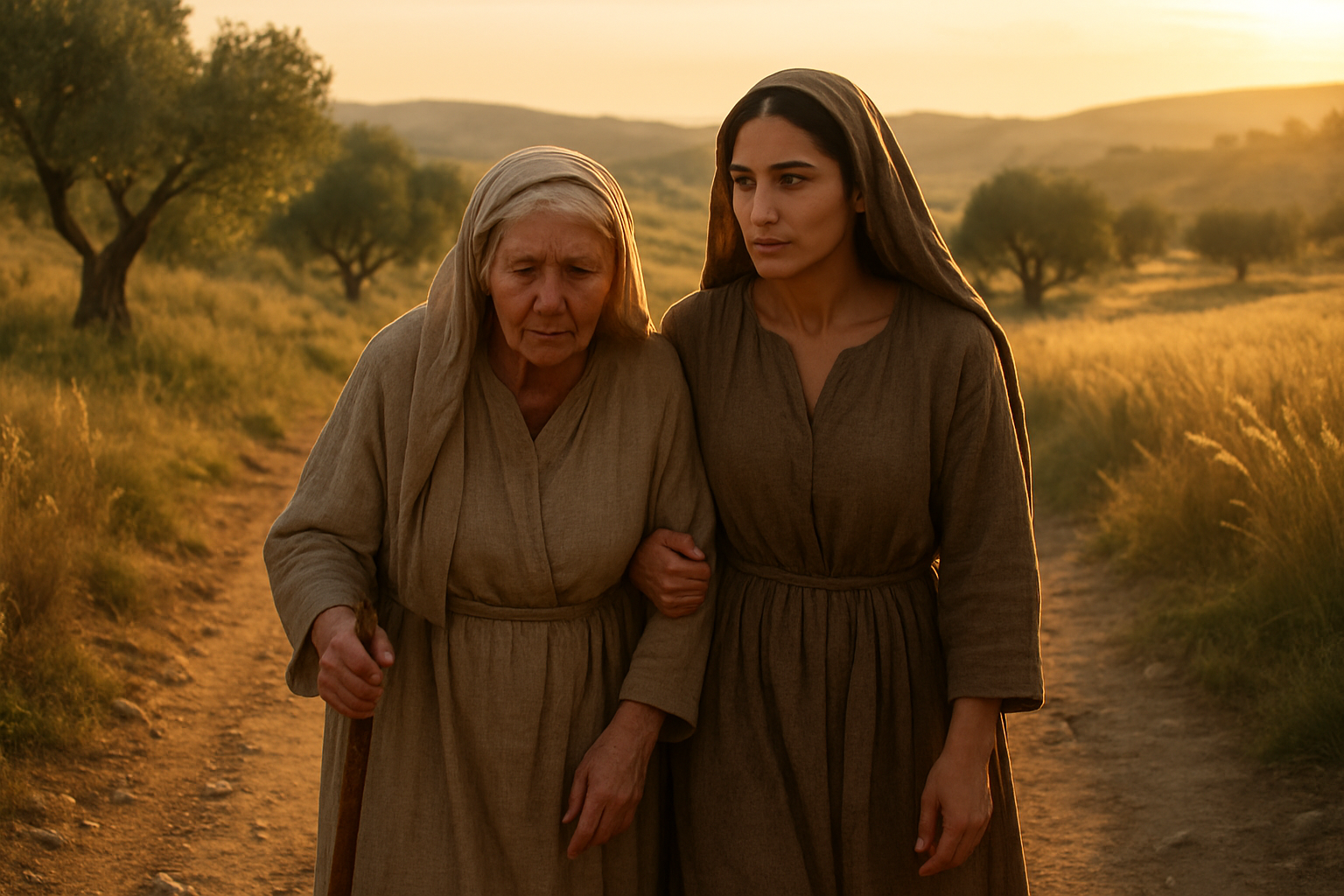 Create a realistic image of two women walking together on an ancient dirt path through rolling hills, one elderly white woman with gray hair wearing simple robes leaning slightly on a younger Middle Eastern woman with dark hair also in traditional biblical-era clothing, both facing forward with determined expressions showing deep connection and commitment, golden hour lighting casting warm rays across the landscape with olive trees and wheat fields in the background, conveying a sense of journey, devotion and unbreakable bond between the figures, soft warm atmosphere suggesting hope and faithfulness, absolutely NO text should be in the scene.