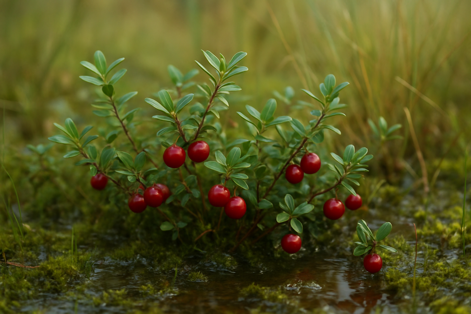 Create a realistic image of cranberry plants growing in their natural bog environment, showing the low-growing evergreen shrubs with small dark green oval leaves, bright red cranberries hanging from the branches, surrounded by wet marshy terrain with moss and water, soft natural daylight filtering through, peaceful wetland atmosphere with some wild grasses in the background, close-up view that clearly displays the plant structure and fruit formation, absolutely NO text should be in the scene.