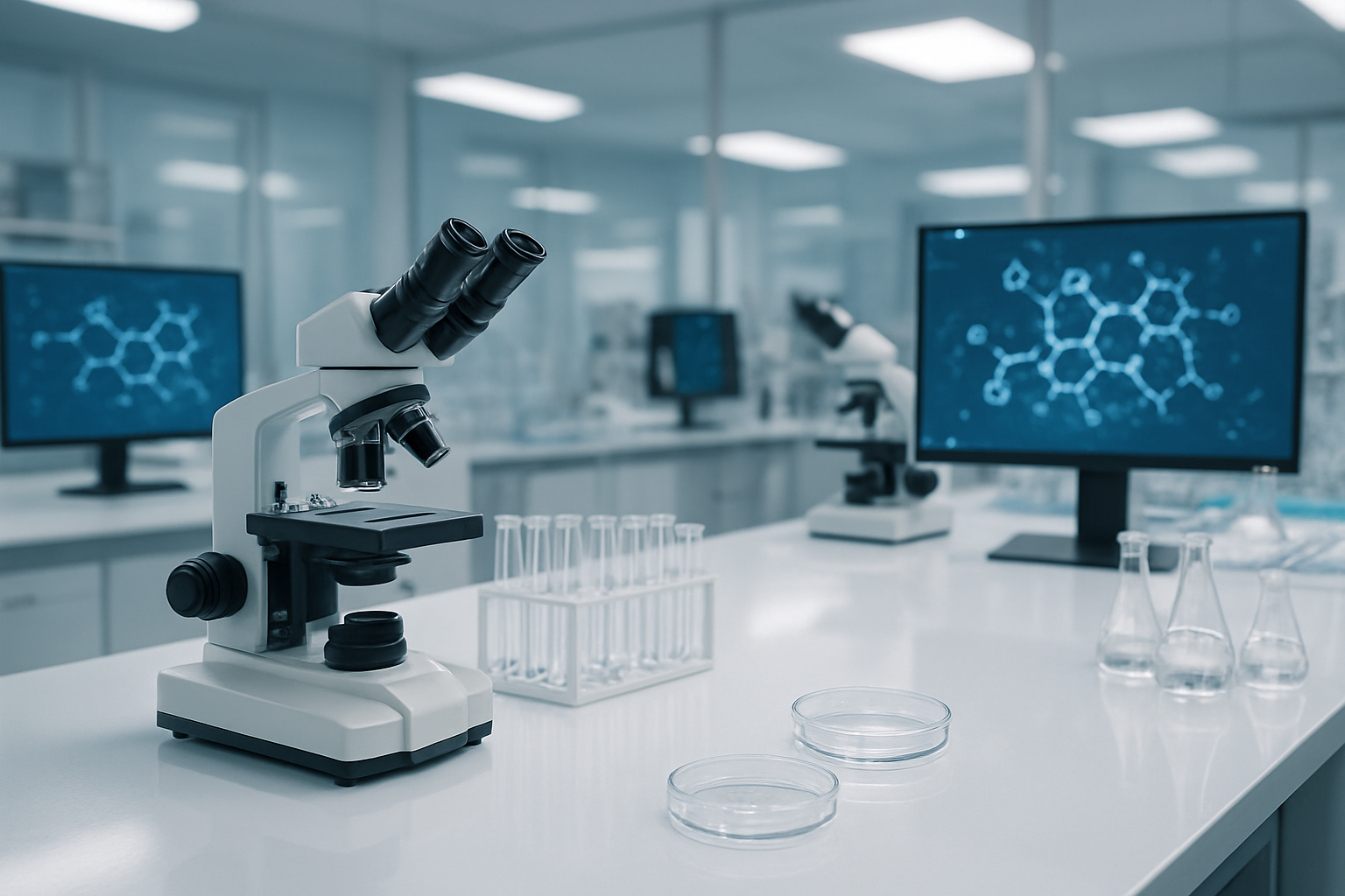 Create a realistic image of a modern scientific laboratory with gleaming white surfaces and advanced research equipment, featuring microscopes, test tubes with clear liquids, petri dishes, and computer monitors displaying molecular structures, with soft fluorescent lighting creating a clean and professional atmosphere, conveying hope and scientific progress for future medical breakthroughs, absolutely NO text should be in the scene.