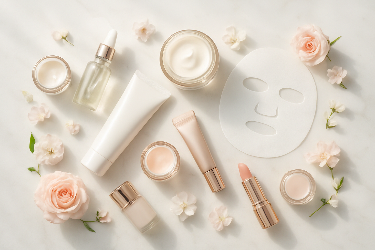 Create a realistic image of an elegant flat lay arrangement of luxury beauty and skincare products including glass serum bottles, cream jars, face masks, lip balms, and cosmetic items artfully displayed on a soft marble surface with delicate pink and white flowers scattered around, soft natural lighting creating gentle shadows, spa-like atmosphere with a clean white and pastel color palette, absolutely NO text should be in the scene.