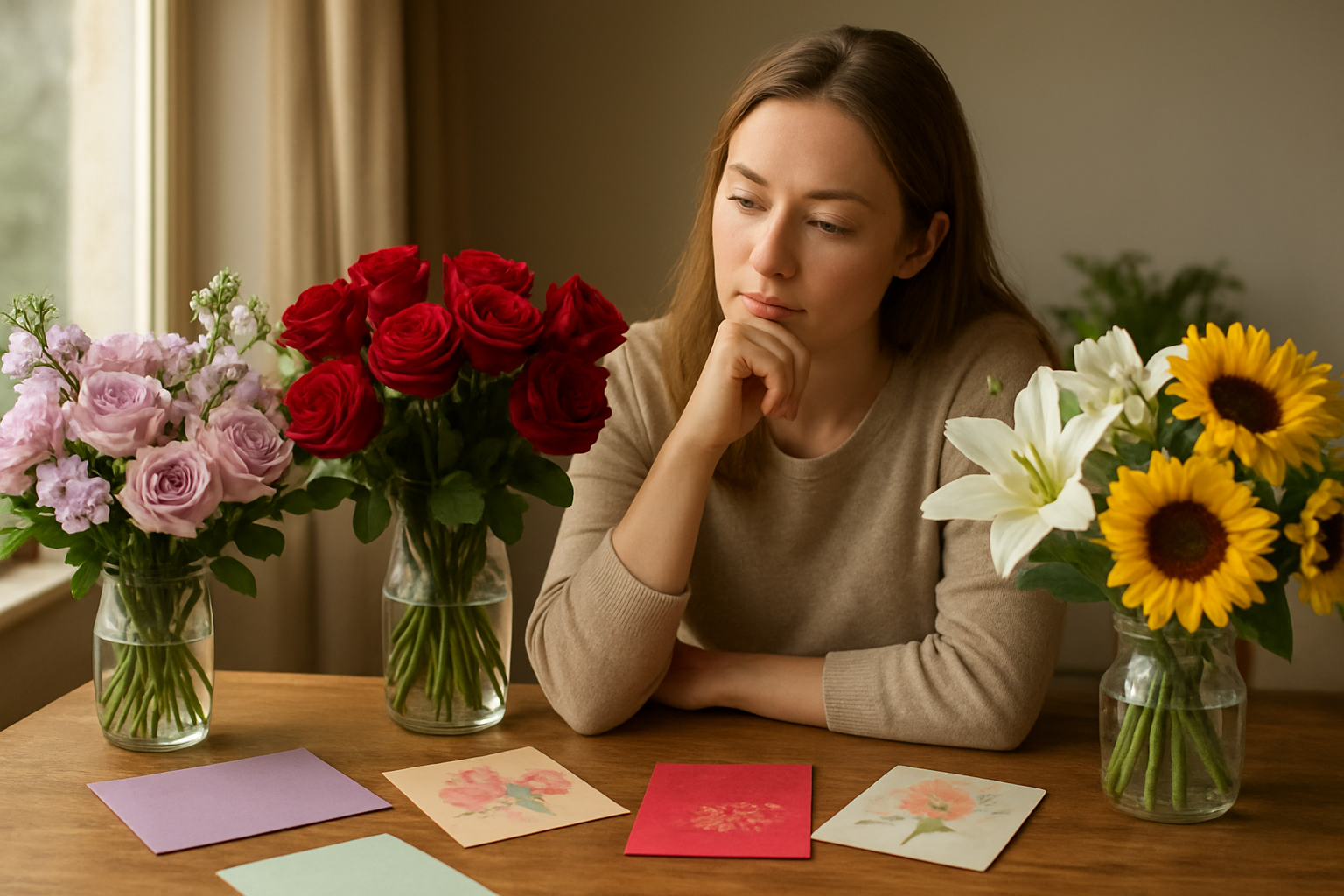 Create a realistic image of a thoughtful white female adult sitting at a wooden table surrounded by various Mother's Day gift options in different color schemes, including soft pastel flowers in pink and lavender, bold vibrant red roses, elegant white lilies, warm yellow sunflowers, and colorful greeting cards spread across the surface, with natural window lighting creating a warm and contemplative atmosphere in a cozy indoor setting, showing the concept of choosing personalized colors based on individual preferences, absolutely NO text should be in the scene.