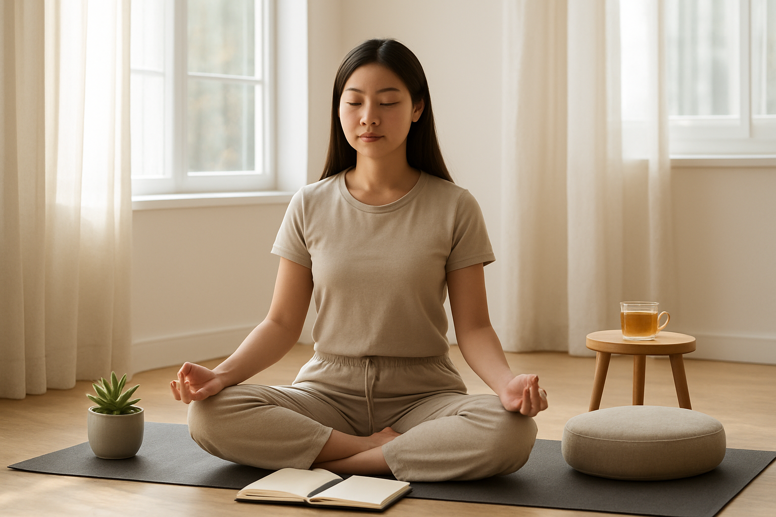Create a realistic image of a peaceful indoor scene showing a young Asian female sitting cross-legged on a yoga mat in a bright, minimalist room with natural sunlight streaming through large windows, surrounded by elements that represent mental wellness including a small potted succulent plant, a meditation cushion, an open journal with a pen beside it, and a cup of herbal tea on a wooden side table, with soft natural lighting creating a calm and serene atmosphere that conveys tranquility and mindfulness, absolutely NO text should be in the scene.