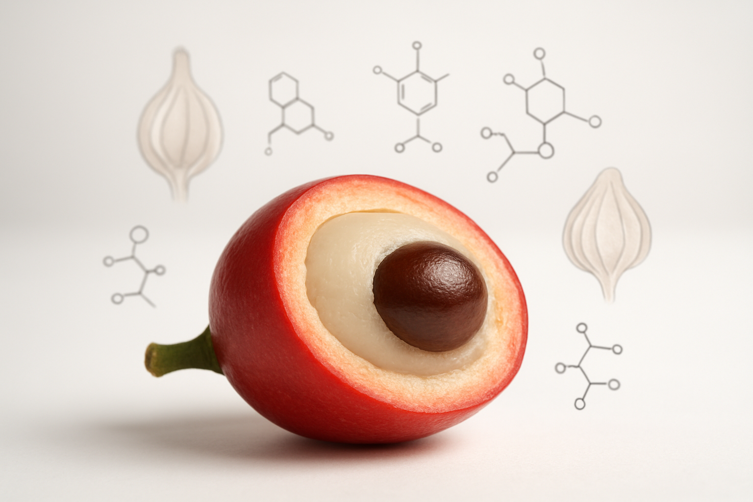 Create a realistic image of a miracle fruit (Synsepalum dulcificum) cut in half showing its white pulp and large seed, surrounded by taste bud diagrams and molecular structures floating in the air, with soft laboratory lighting and a clean white background, depicting the scientific process of how the fruit's miraculin protein binds to taste receptors, absolutely NO text should be in the scene.
