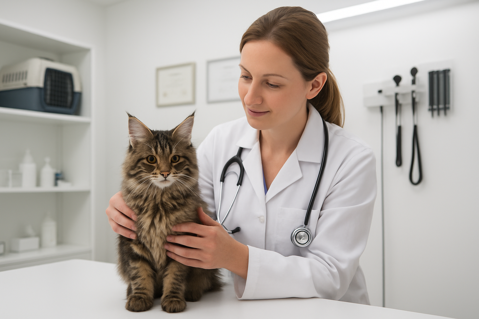 Create a realistic image of a pristine veterinary examination room with a healthy Maine Coon kitten being gently examined by a white female veterinarian wearing a white coat, the kitten displays the breed's characteristic fluffy coat and large size, medical equipment and certificates are visible on clean white walls in the background, bright clinical lighting illuminates the scene creating a professional and caring atmosphere that emphasizes quality healthcare standards, absolutely NO text should be in the scene.
