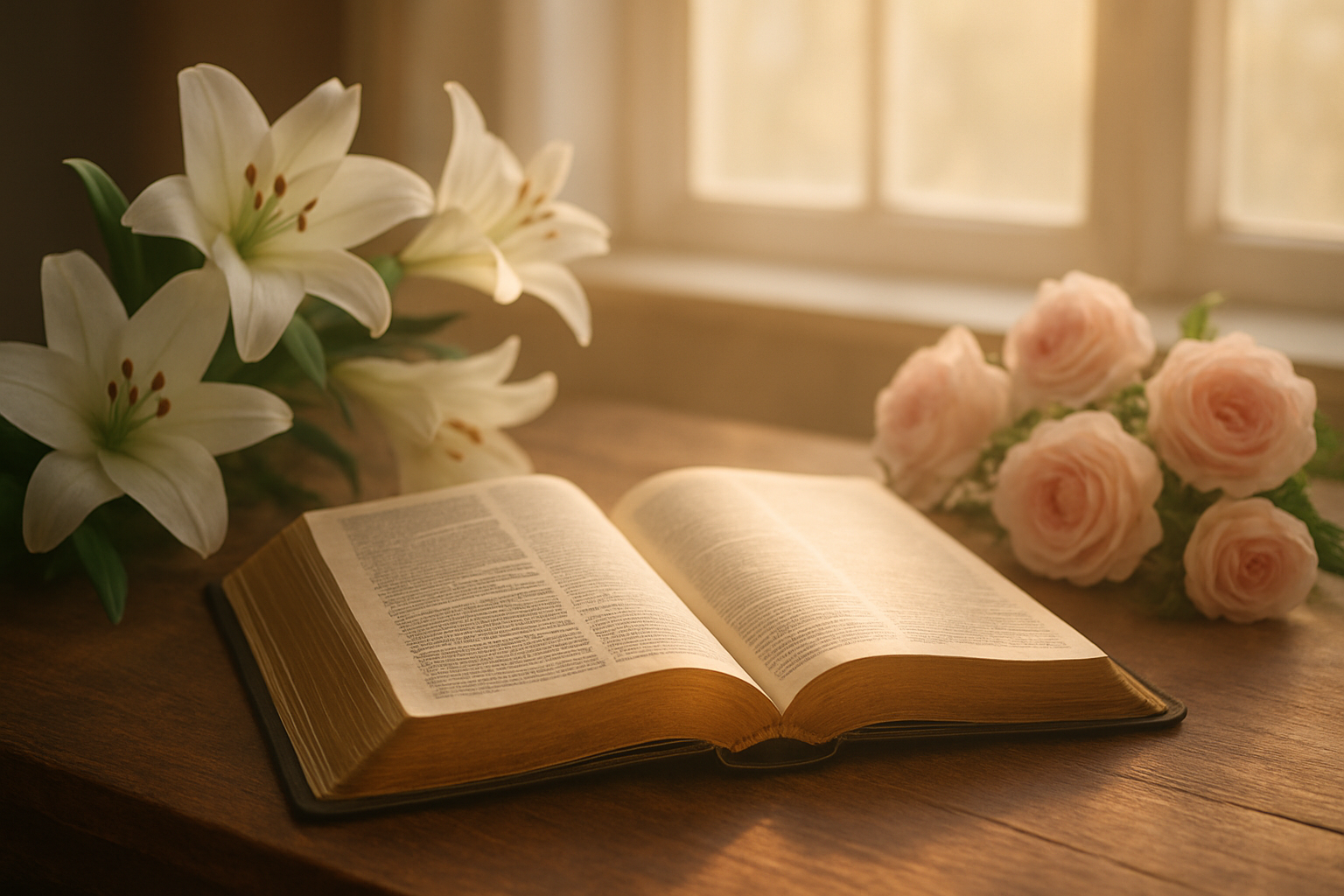 Create a realistic image of an open Bible with golden pages gently glowing, placed on a wooden table with soft natural light streaming through a window, surrounded by delicate white lilies and soft pink roses, with a warm and peaceful atmosphere conveying divine inspiration and sacred femininity, shot with gentle morning lighting that creates a serene and reverent mood, absolutely NO text should be in the scene.