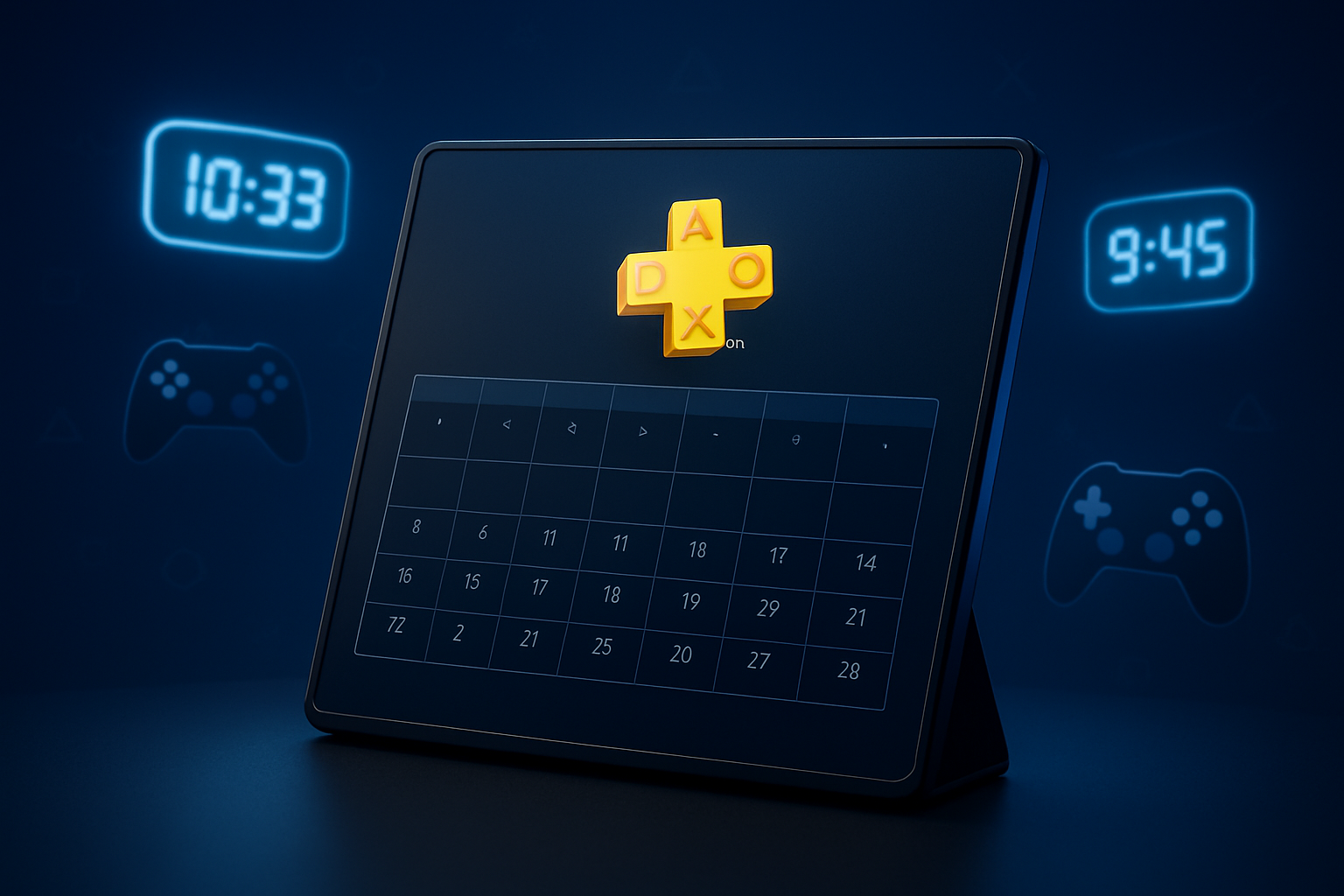 Create a realistic image of a sleek modern calendar display showing monthly game release schedules with PlayStation Plus logo prominently featured, surrounded by floating digital clock elements and gaming controller icons, set against a dark blue gradient background with subtle gaming-themed geometric patterns, soft ambient lighting creating a professional tech atmosphere, absolutely NO text should be in the scene.