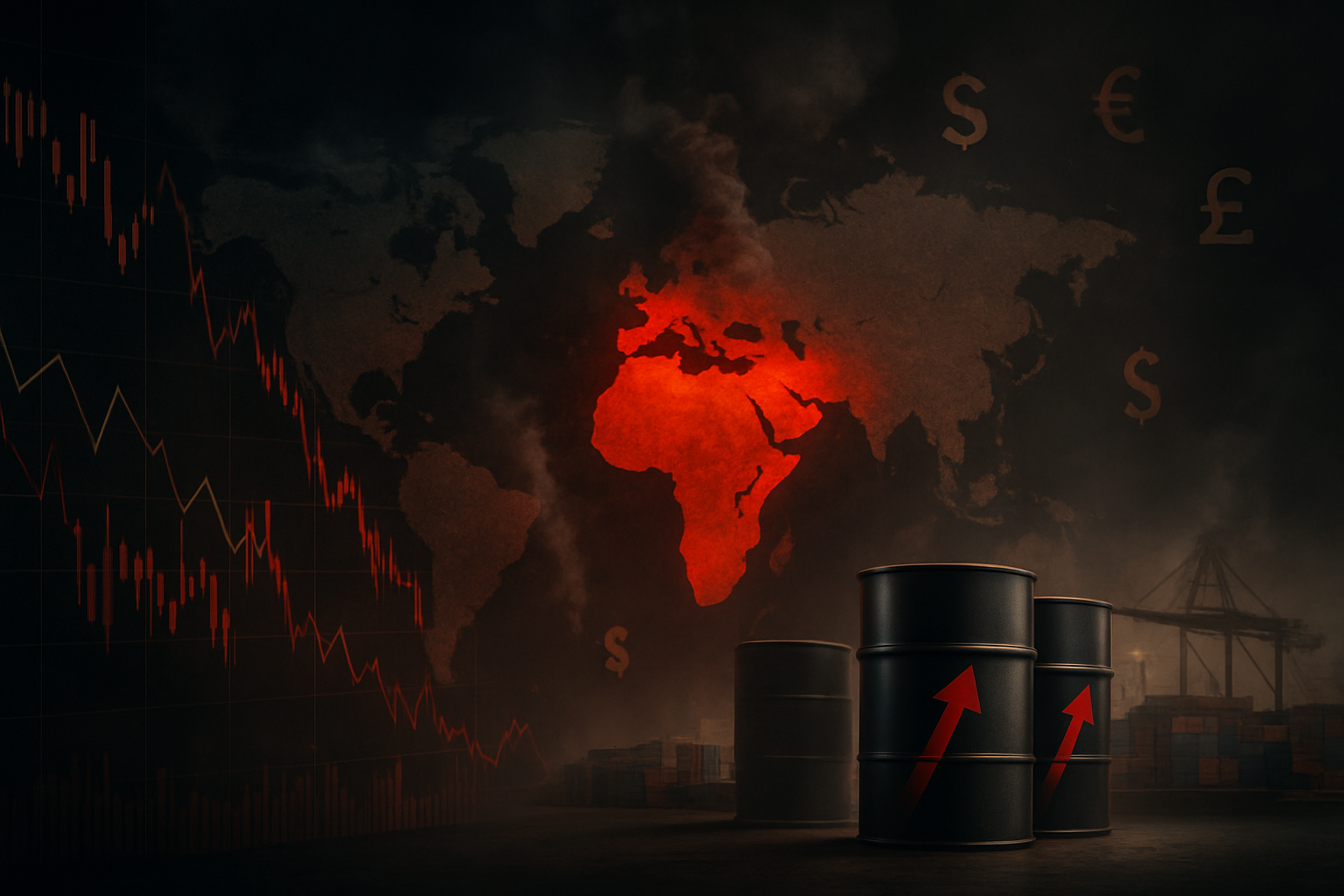 Create a realistic image of a world map with glowing red conflict zones in the Middle East region, surrounded by falling stock market charts and graphs, oil barrels with price arrows pointing upward, shipping containers at busy ports, and currency symbols floating in a dark, tense atmosphere with dramatic lighting casting shadows across the scene, while smoke plumes rise from strategic locations on the map. Absolutely NO text should be in the scene.