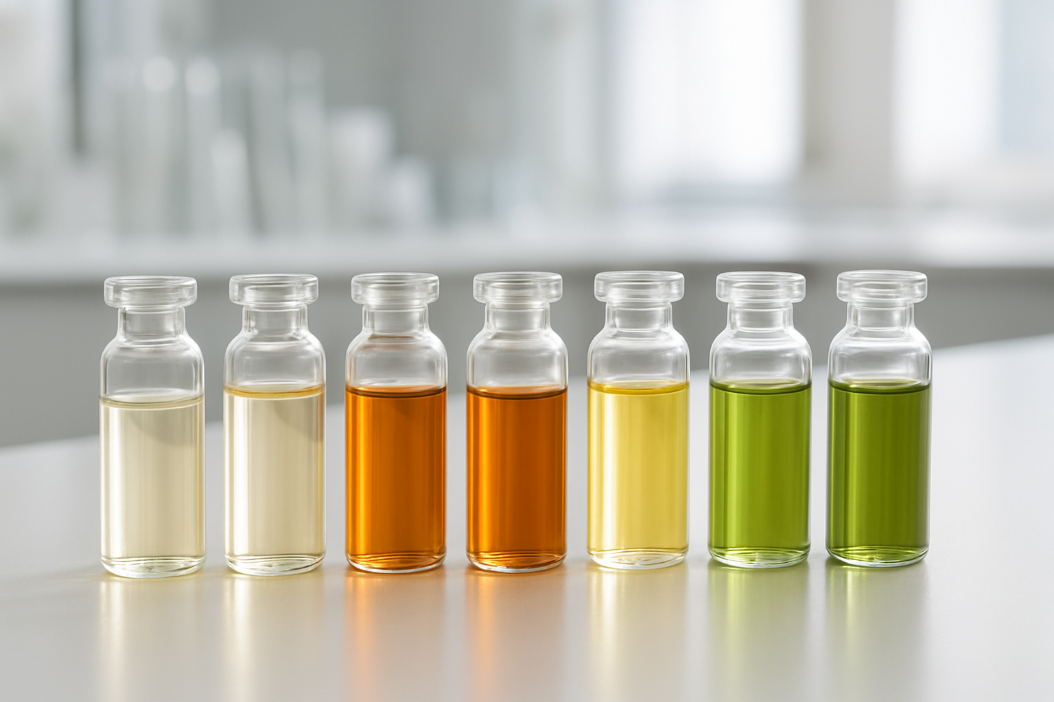 Create a realistic image of a scientific comparison chart or infographic display showing different cannabis terpenes, featuring multiple glass vials or test tubes containing various colored essential oils and terpene extracts arranged on a clean white laboratory table, with some vials containing clear to pale yellow liquids representing farnesene alongside darker amber and green-tinted oils representing other common terpenes like myrcene and limonene, soft natural lighting illuminating the glassware creating subtle reflections, clean modern laboratory background with subtle bokeh effect, professional scientific atmosphere, absolutely NO text should be in the scene.
