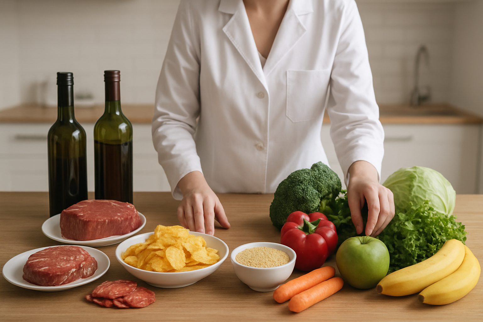 Create a realistic image of a clean wooden table displaying various foods organized in two distinct groups - one side showing foods to avoid including red meat, processed foods, alcohol bottles, and spicy dishes, and the other side showing recommended foods like fresh vegetables, fruits, and simple grains, with a white female nutritionist's hands arranging the items, soft natural lighting from above, clean modern kitchen background, calm and organized mood, absolutely NO text should be in the scene.