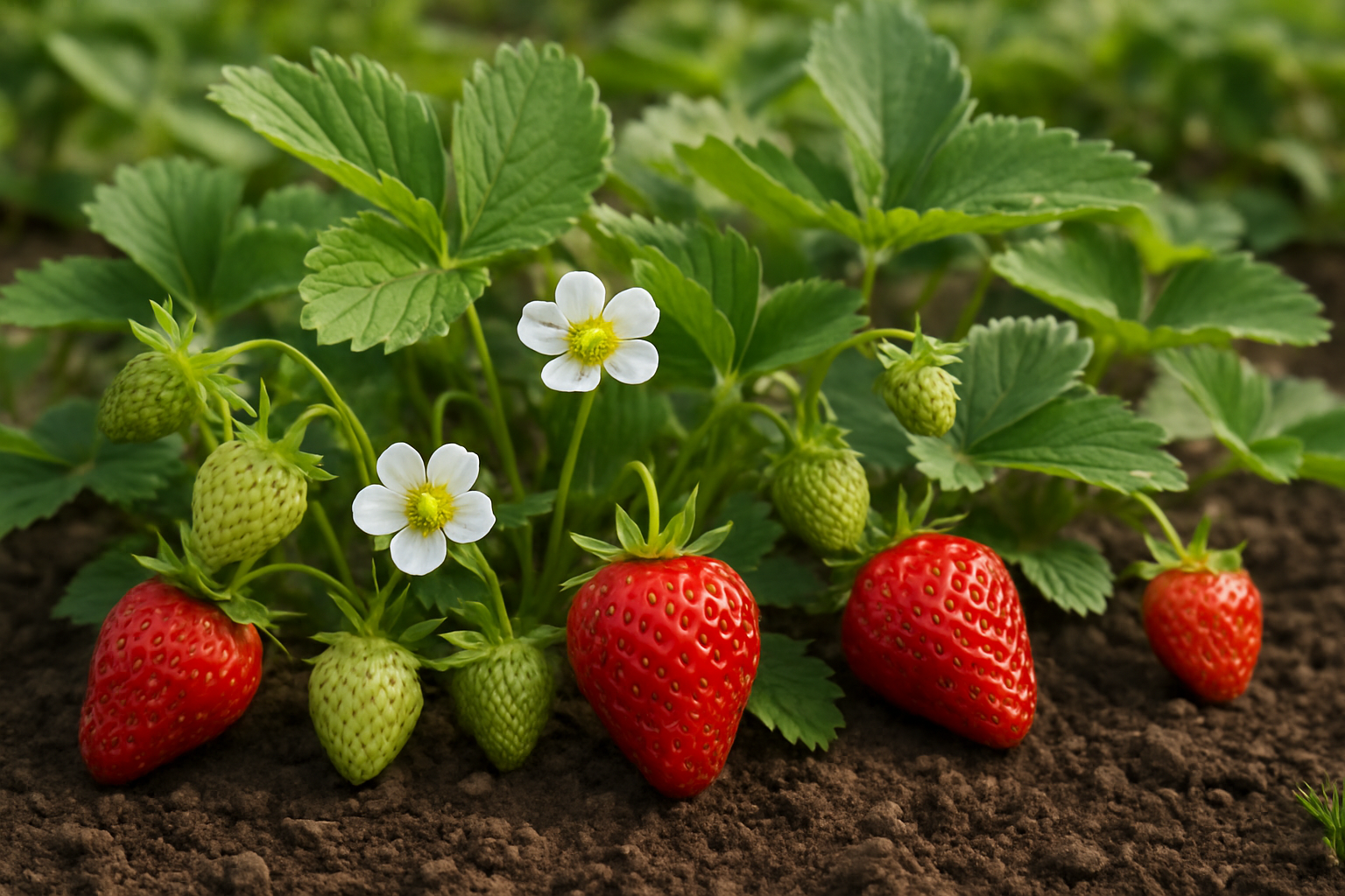 Create a realistic image of strawberry plants in various stages of growth and development, showing the complete lifecycle from small white flowers with yellow centers to green unripe strawberries gradually turning red, and fully ripe red strawberries with seeds, all growing on low green leafy plants with serrated three-leaflet leaves, set in rich dark soil in a garden or farm setting with natural sunlight, displaying the progression from bloom to harvest in a single comprehensive scene, absolutely NO text should be in the scene.