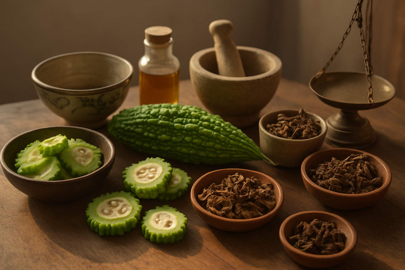 Create a realistic image of an arrangement showcasing bitter melon's traditional medicinal uses across different cultures, featuring fresh bitter melons in various forms - whole fruits, sliced pieces, and dried preparations - arranged on a wooden surface alongside traditional medicine elements from different cultures including Asian ceramic bowls, mortar and pestle, glass bottles with herbal extracts, dried herbs in small containers, and ancient-looking medicine preparation tools, with soft natural lighting creating warm shadows, peaceful and educational mood suggesting knowledge and healing wisdom passed down through generations, absolutely NO text should be in the scene.