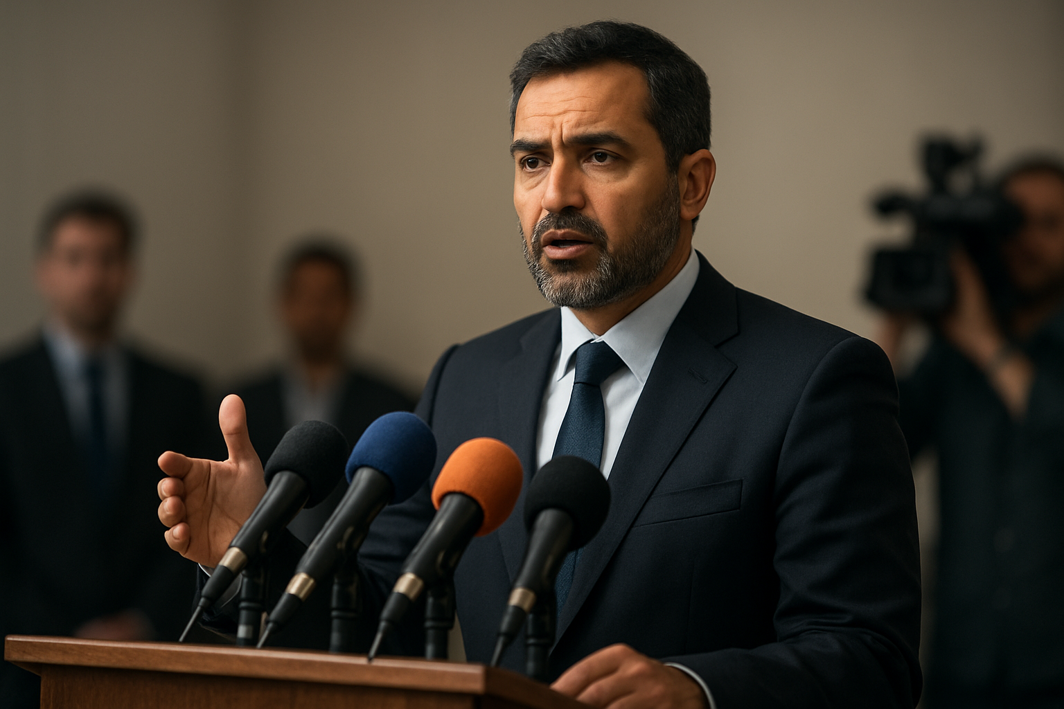 Create a realistic image of a Middle Eastern male opposition leader in a formal dark suit standing at a podium during a press conference, gesturing with his hand while speaking, with several microphones from different news outlets positioned in front of him, soft professional lighting illuminating his face against a neutral background with blurred figures of journalists and camera operators visible in the background, conveying a serious and determined mood during this important political announcement, absolutely NO text should be in the scene.