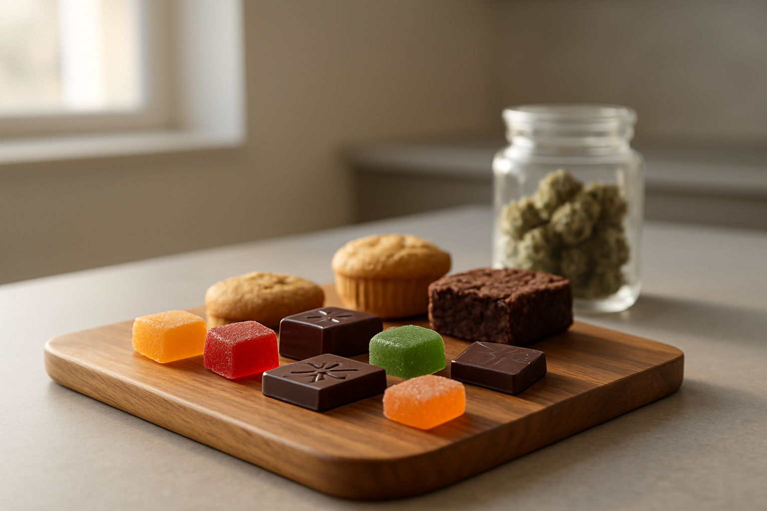Create a realistic image of a modern kitchen countertop scene featuring an elegant wooden cutting board with an assortment of colorful cannabis edibles including gummies, chocolates, and baked goods, alongside a sleek glass jar filled with cannabis flower slightly blurred in the background, soft natural lighting streaming through a window creating warm highlights on the products, clean minimalist background with neutral tones, peaceful and sophisticated atmosphere suggesting a transition from traditional methods to modern alternatives, absolutely NO text should be in the scene.
