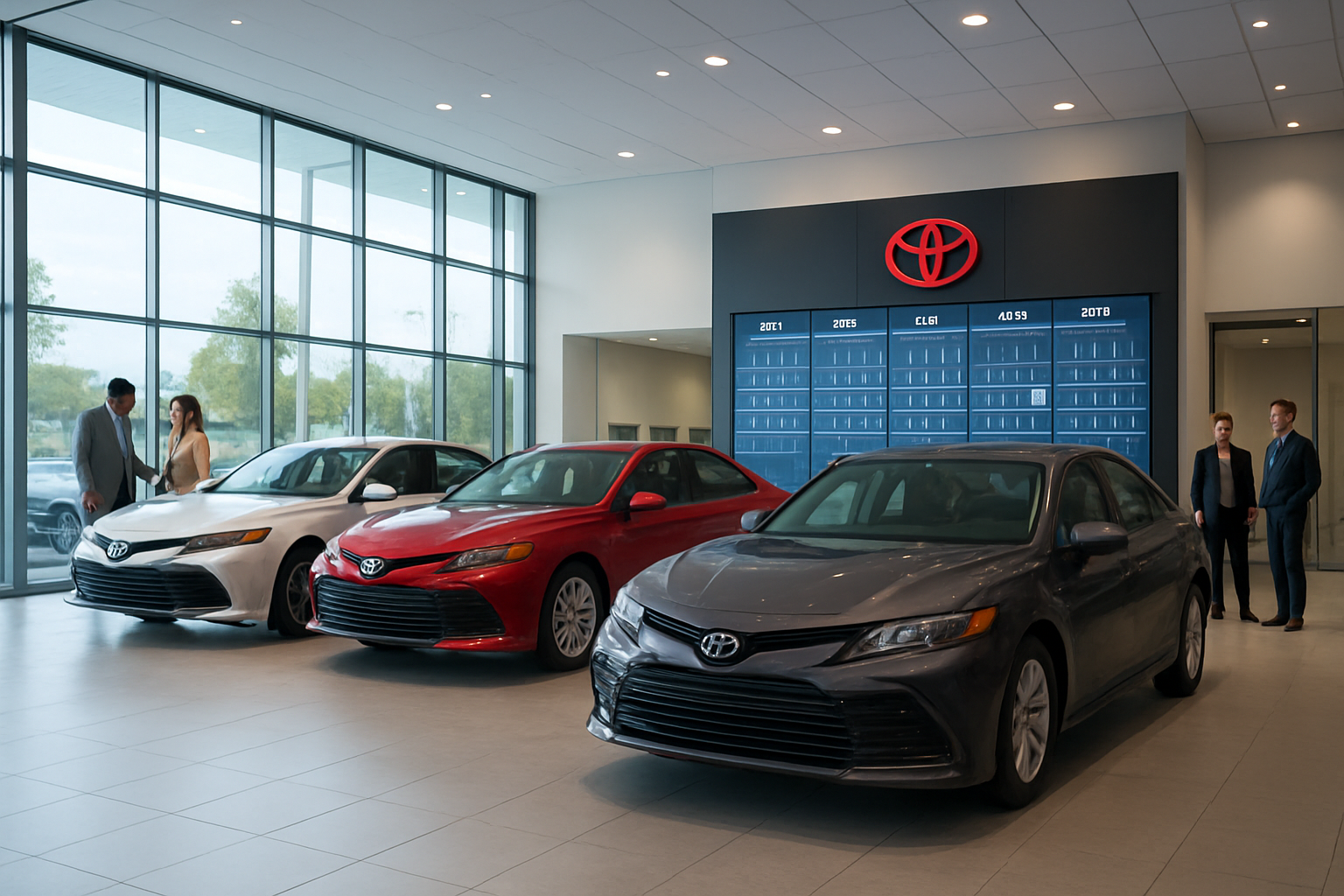 Create a realistic image of a modern Toyota dealership showroom with sleek glass windows displaying multiple Toyota Camry vehicles in different colors, featuring a large digital calendar display board showing months from 2024 to 2026 with highlighted release dates, professional lighting illuminating the showroom floor, clean white and gray interior design with Toyota branding elements, and a few potential customers of mixed races and genders browsing the vehicles in the background, set during daytime with natural light streaming through the windows, conveying an atmosphere of anticipation and modern automotive retail experience, absolutely NO text should be in the scene.