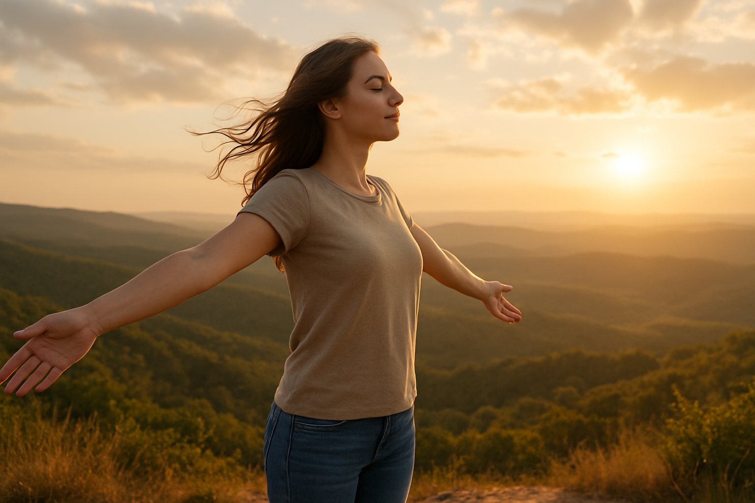 Create a realistic image of a young white woman standing at the edge of a scenic overlook during golden hour, her arms gently outstretched toward a vast horizon filled with rolling hills and an open sky with soft clouds, warm sunlight creating a hopeful and serene atmosphere, gentle breeze flowing through her hair, wearing casual comfortable clothing, with a peaceful and contemplative expression looking forward into the distance, surrounded by natural beauty that symbolizes new beginnings and endless possibilities, soft golden lighting illuminating the entire scene. Absolutely NO text should be in the scene.