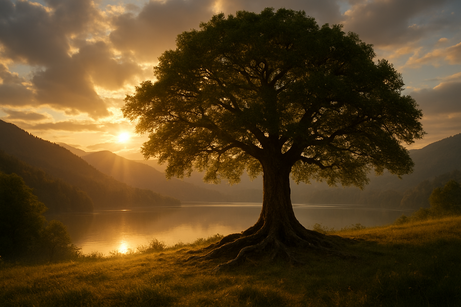 Create a realistic image of a serene mountainside scene at dawn with golden sunlight breaking through clouds, illuminating a sturdy oak tree with deep roots visible above ground, symbolizing strength and growth, with a calm lake reflecting the morning light in the background, peaceful atmosphere with warm golden and soft blue tones, absolutely NO text should be in the scene.