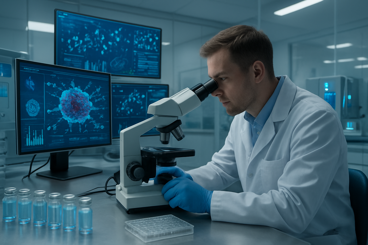 Create a realistic image of a modern medical laboratory with advanced AI computer systems displaying molecular structures and data visualizations on multiple monitors, a white male scientist in a lab coat examining cancer cell samples under a high-tech microscope, vials containing experimental vaccines arranged on sterile metal surfaces, futuristic medical equipment with glowing blue LED indicators, clean white walls with glass panels, bright clinical lighting creating a sterile atmosphere, conveying hope and scientific breakthrough, absolutely NO text should be in the scene.
