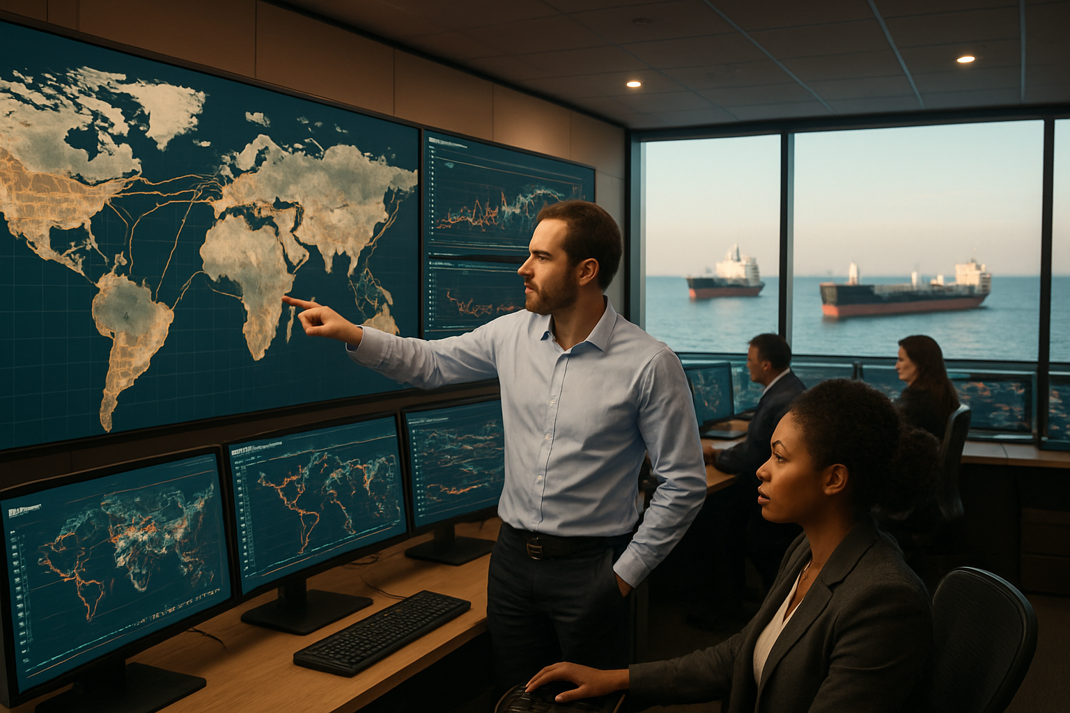 Create a realistic image of a global oil industry control room with multiple large screens displaying world maps showing oil transportation routes, pipeline networks, and market data charts, featuring a diverse group of professionals including a white male analyst pointing at supply chain vulnerabilities on one screen and a black female logistics coordinator monitoring shipping routes, with oil tanker ships visible through large windows in the background sailing across calm ocean waters, warm professional lighting illuminating the high-tech monitoring station, conveying a sense of strategic oversight and global interconnectedness of oil markets, supply chains, and geopolitical stability, absolutely NO text should be in the scene.