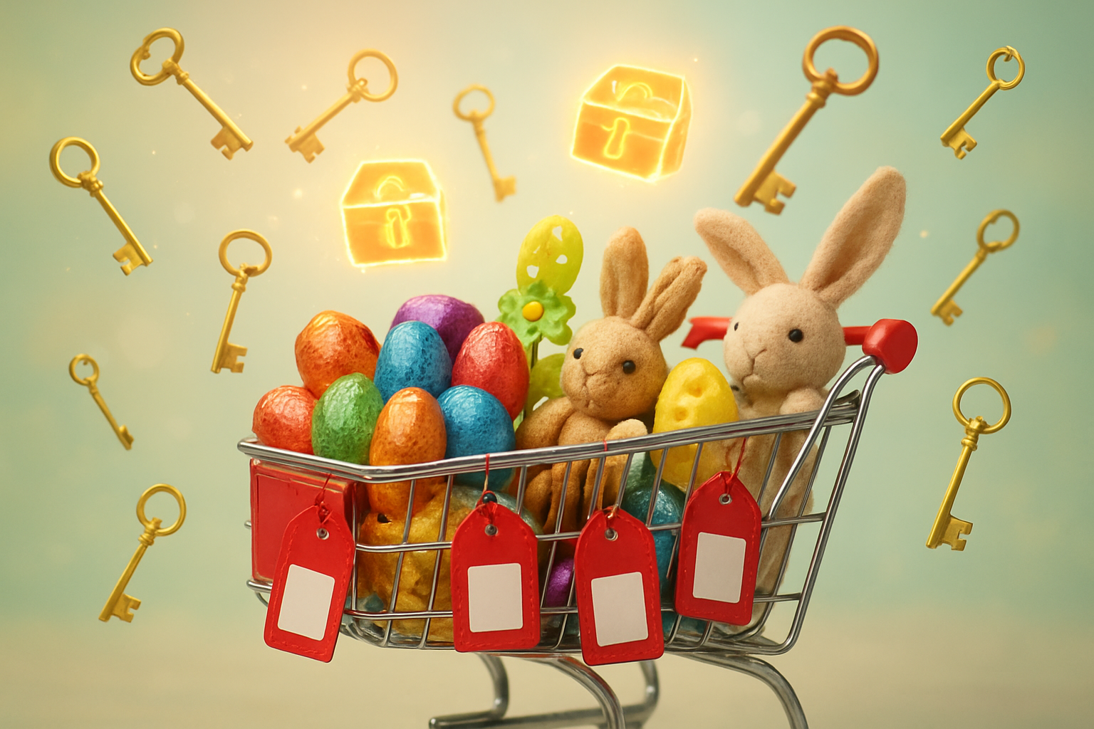 Create a realistic image of a shopping cart filled with colorful Easter items including chocolate eggs, stuffed bunnies, and spring decorations, with bright red discount tags and sale stickers attached to various products, surrounded by floating golden keys that appear to be unlocking glowing treasure chest-style discount coupons in the air, set against a soft pastel spring background with subtle bokeh lighting effects, creating an atmosphere of discovery and savings, absolutely NO text should be in the scene.