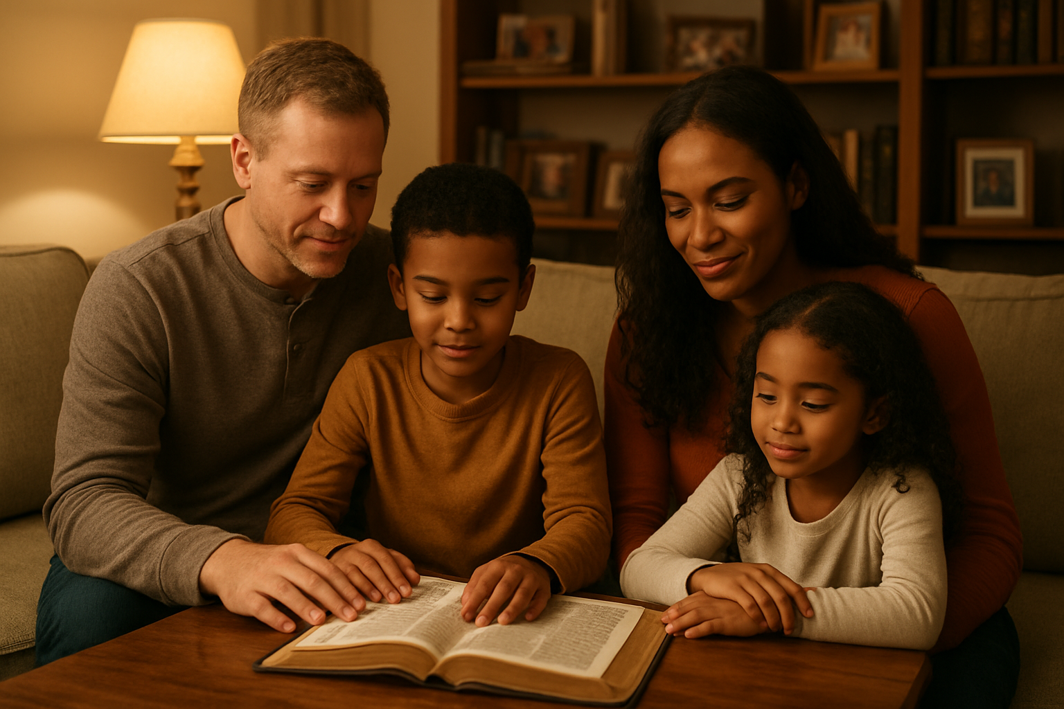 Create a realistic image of a diverse family of four - a white father, black mother, and their two mixed-race children (one boy, one girl) - sitting together in a cozy living room reading from an open Bible placed on a wooden coffee table between them, with warm golden lighting from a nearby lamp creating an intimate atmosphere, bookshelves with family photos in the background, comfortable cream-colored sofa, and peaceful expressions showing connection and unity as they engage in their family devotional time together. Absolutely NO text should be in the scene.