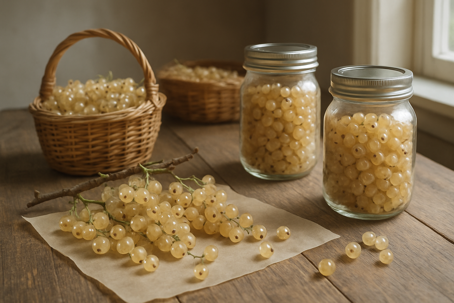 Create a realistic image of freshly harvested white currants in various stages of storage and preservation, showing clusters of translucent white currants on wooden branches laid on a rustic wooden table, with some berries in wicker baskets, glass mason jars filled with white currants, and a few scattered on parchment paper for drying, natural daylight streaming through a window creating soft shadows, clean and organized kitchen or pantry setting with neutral tones, absolutely NO text should be in the scene.