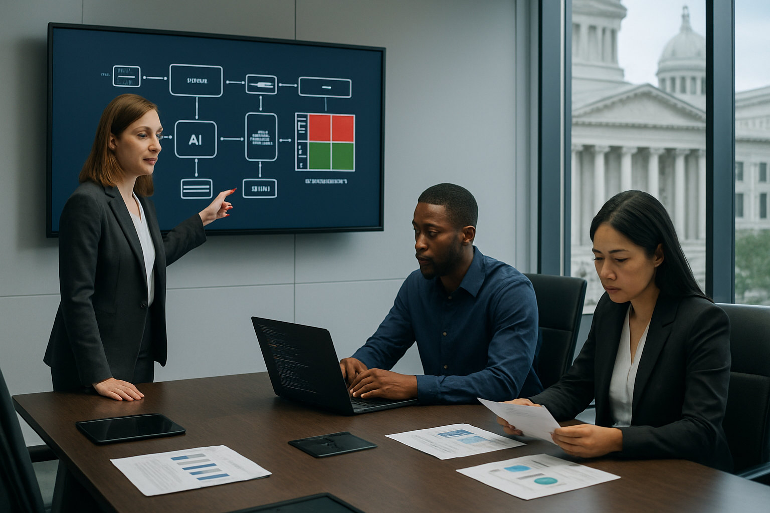 Create a realistic image of a modern government office conference room with a diverse group of professionals including a white female project manager pointing at a large wall-mounted digital display showing AI implementation flowcharts and risk assessment matrices, a black male IT specialist working on a laptop with code visible on screen, and an Asian female policy advisor reviewing documents at a sleek conference table, with government building architecture visible through large windows in the background, bright professional lighting illuminating the collaborative workspace filled with tablets, documents, and modern technology equipment, conveying a serious yet innovative atmosphere of strategic planning and problem-solving, absolutely NO text should be in the scene.