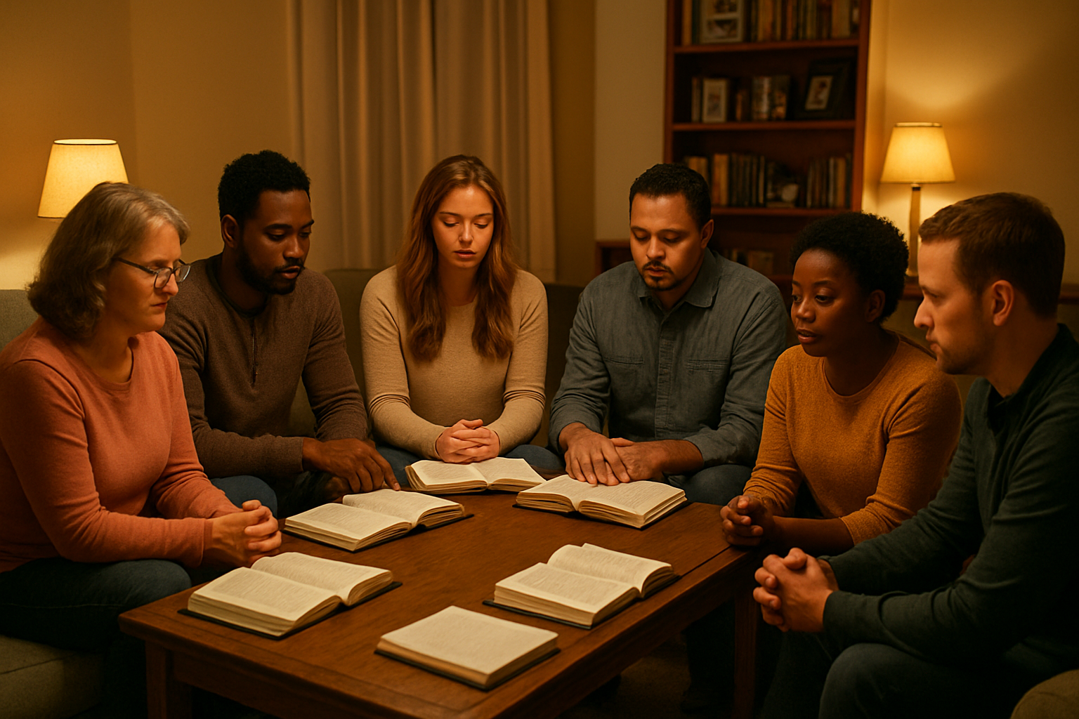 Create a realistic image of a diverse group of modern believers including white, black, and Hispanic men and women of various ages sitting in a circle during a Bible study session, with open Bibles and notebooks on a wooden table, warm golden lighting from table lamps creating an intimate atmosphere, comfortable living room setting with soft couches and chairs, peaceful and contemplative expressions on their faces as they engage in discussion, small nativity scene visible on a side table in the background, cozy home interior with bookshelves and family photos, evening ambiance suggesting deep spiritual reflection and learning, absolutely NO text should be in the scene.