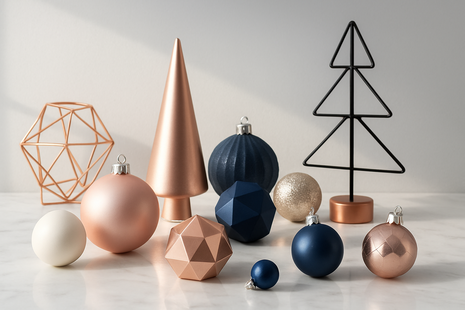 Create a realistic image of a modern Christmas display showcasing contemporary holiday color schemes including rose gold and blush pink ornaments, navy blue and silver decorations, white and champagne gold accents, and minimalist black and copper elements arranged on a sleek white marble surface, with soft natural lighting creating elegant shadows, featuring geometric ornament shapes, metallic finishes, and non-traditional color combinations that represent modern holiday decorating trends, absolutely NO text should be in the scene.