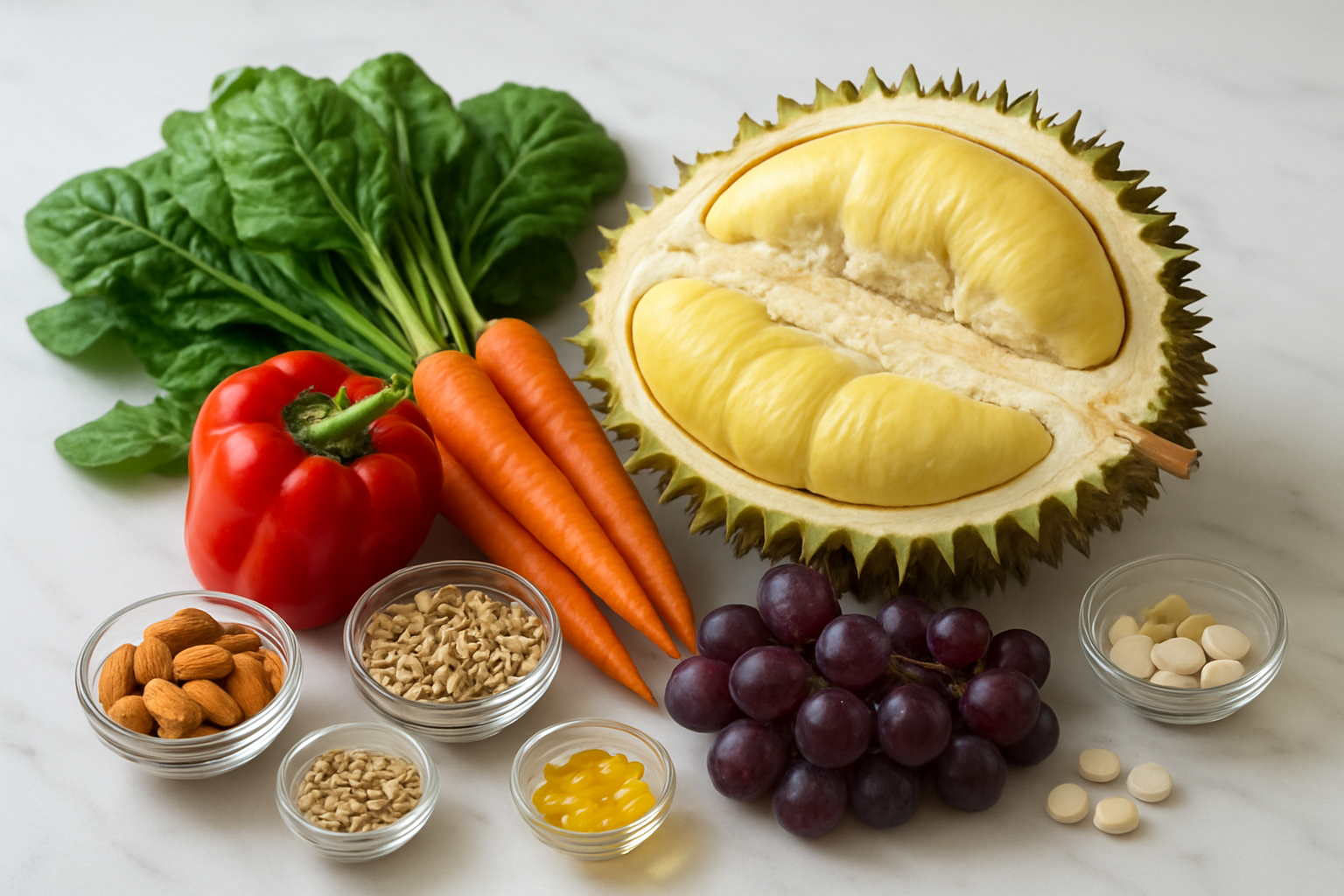 Create a realistic image of a fresh durian fruit cut in half displaying its creamy yellow flesh alongside a vibrant arrangement of colorful fruits and vegetables including leafy green spinach, bright orange carrots, red bell peppers, and purple grapes on a clean white marble countertop, with small glass bowls containing various nuts, seeds, and vitamin supplements scattered around, natural daylight streaming from the left creating soft shadows, emphasizing the nutritious and healthy aspect of the scene, absolutely NO text should be in the scene.