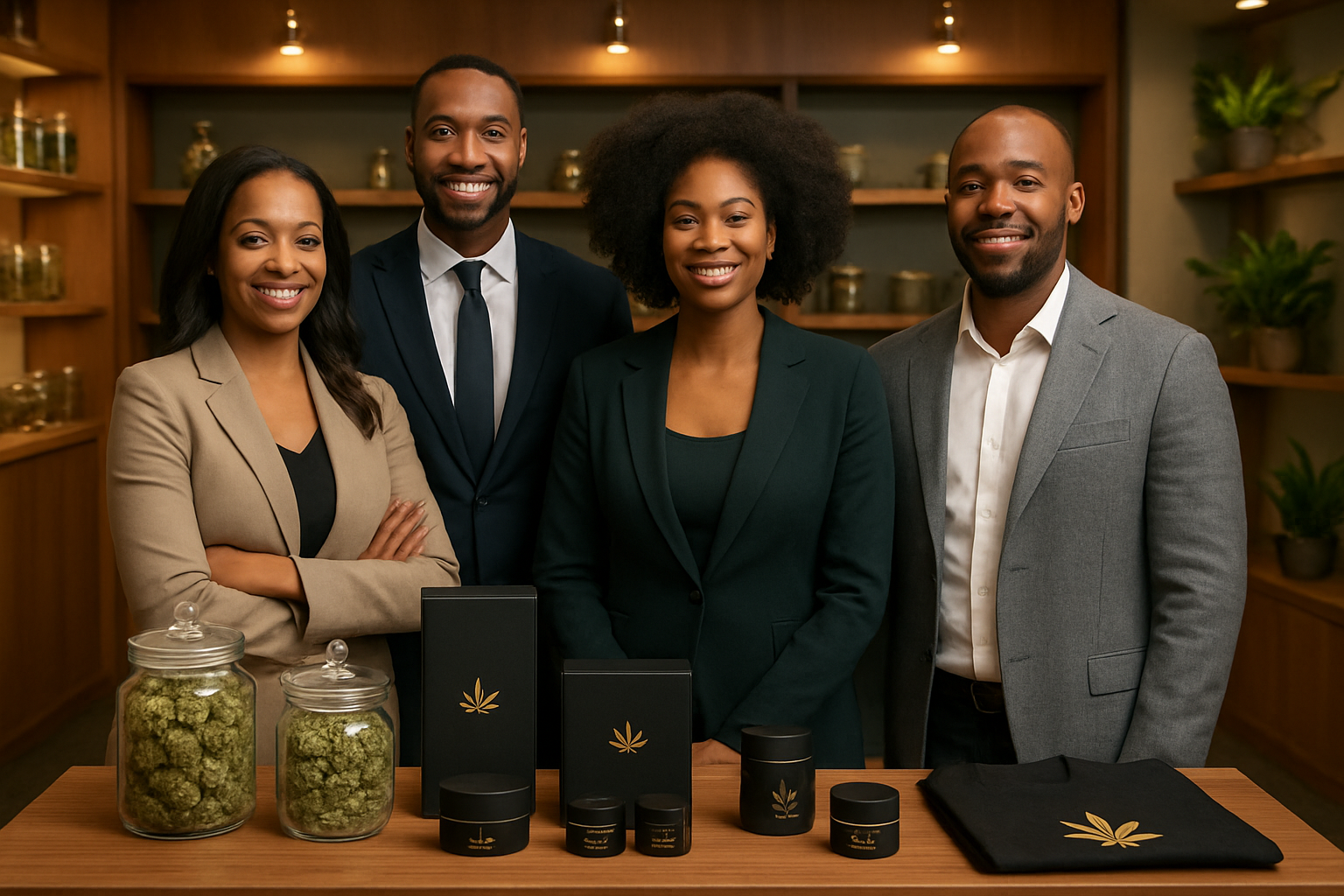 Create a realistic image of a diverse group of Black male and female entrepreneurs proudly standing behind a display table showcasing various premium cannabis products including glass jars with cannabis flowers, elegant packaging, and branded merchandise, set in a modern dispensary or trade show environment with warm professional lighting, wooden shelving and green plants in the background creating an upscale business atmosphere that conveys success and innovation in the cannabis industry. Absolutely NO text should be in the scene.