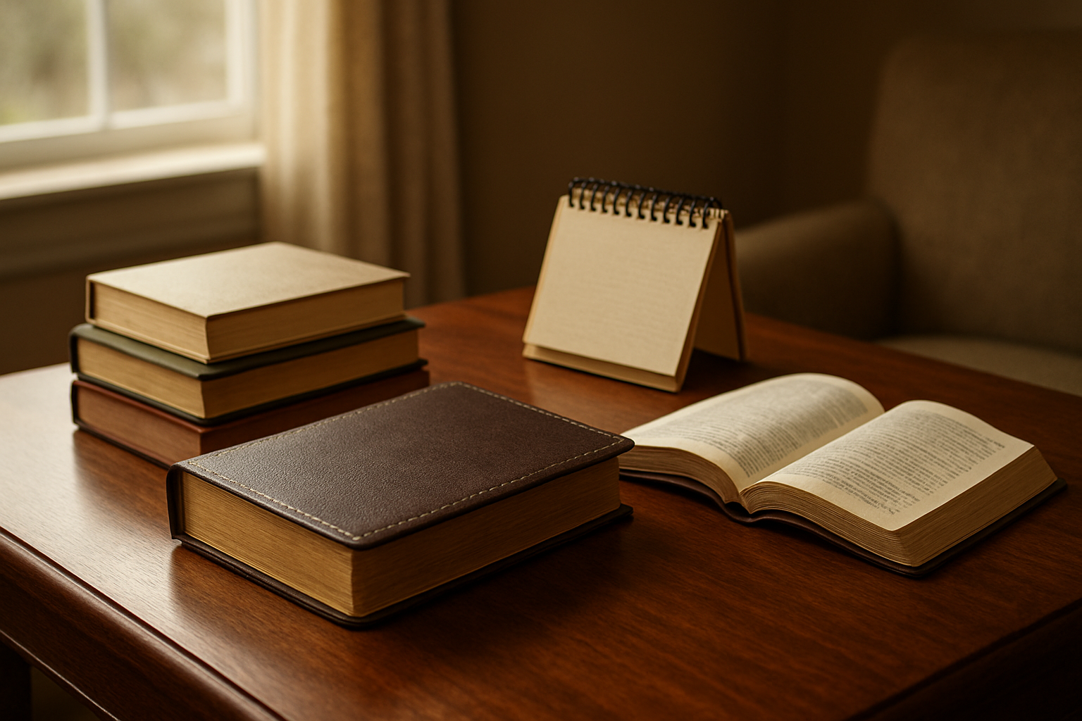 Create a realistic image of an elegant wooden table with various Christian devotional books, a leather-bound Bible with gold edges, a daily devotional calendar, and spiritual reading materials arranged thoughtfully on the surface, with soft natural lighting coming through a nearby window, creating a peaceful and contemplative atmosphere in a cozy home setting with warm earth tones, featuring a comfortable reading chair partially visible in the background. Absolutely NO text should be in the scene.