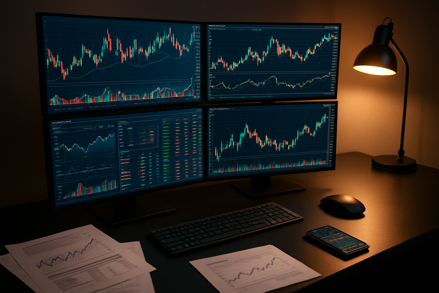 Create a realistic image of a modern trading workspace featuring multiple computer monitors displaying colorful stock charts, trading graphs, and market data dashboards, with a sleek black desk setup, professional trading equipment, a wireless mouse and keyboard, scattered financial documents, a smartphone showing trading apps, warm ambient lighting from a desk lamp, creating a successful and professional atmosphere that conveys expertise and profitability in financial trading. Absolutely NO text should be in the scene.