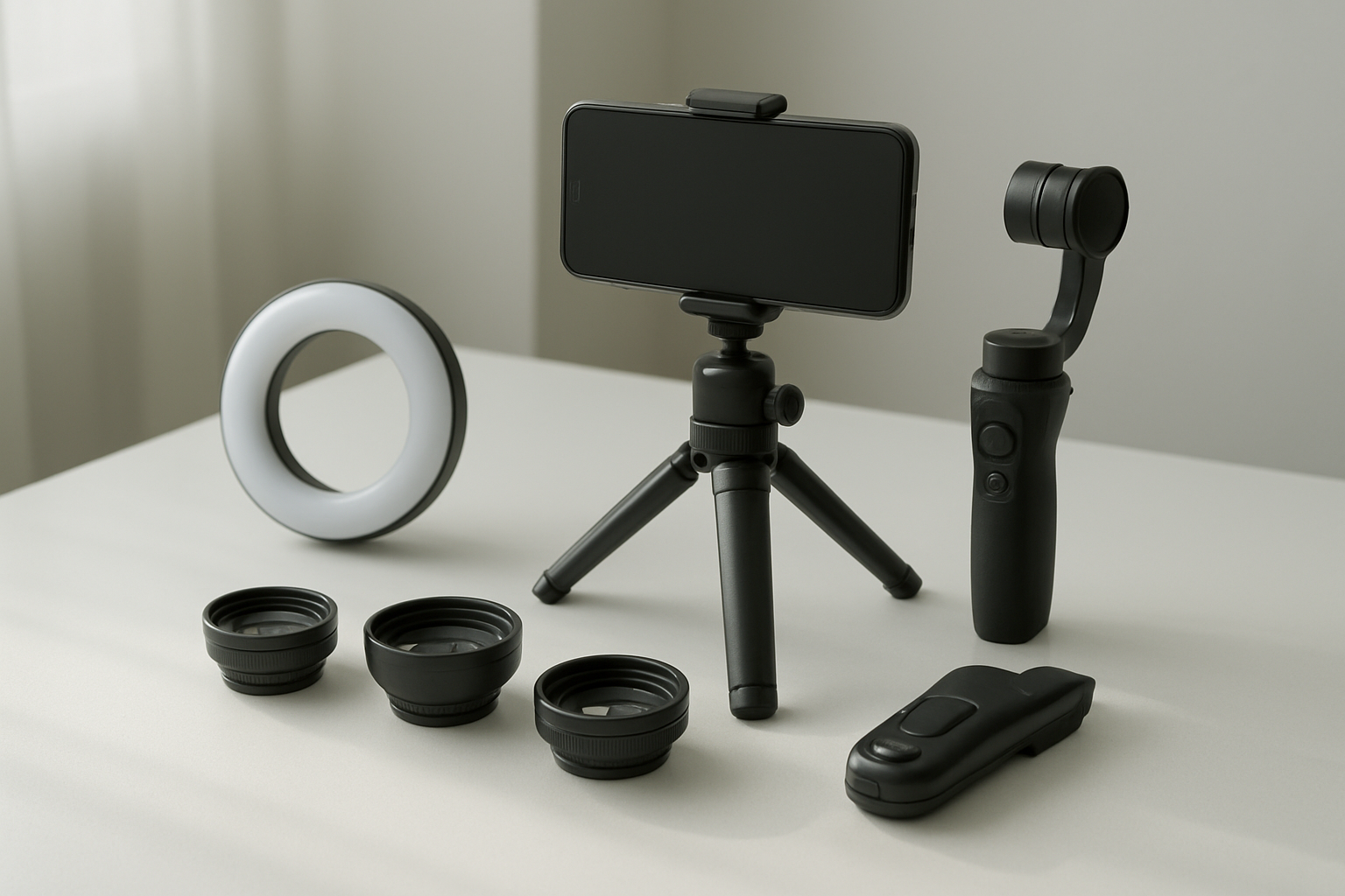 Create a realistic image of a modern smartphone mounted on a professional tripod with various camera enhancement accessories arranged around it including external lenses (macro, wide-angle, telephoto), a ring light, smartphone gimbal stabilizer, and wireless remote shutter trigger, all placed on a clean white desk surface with soft natural lighting from a window creating gentle shadows, shot from a slightly elevated angle to showcase all the accessories clearly, with a minimalist background and professional photography studio atmosphere, absolutely NO text should be in the scene.