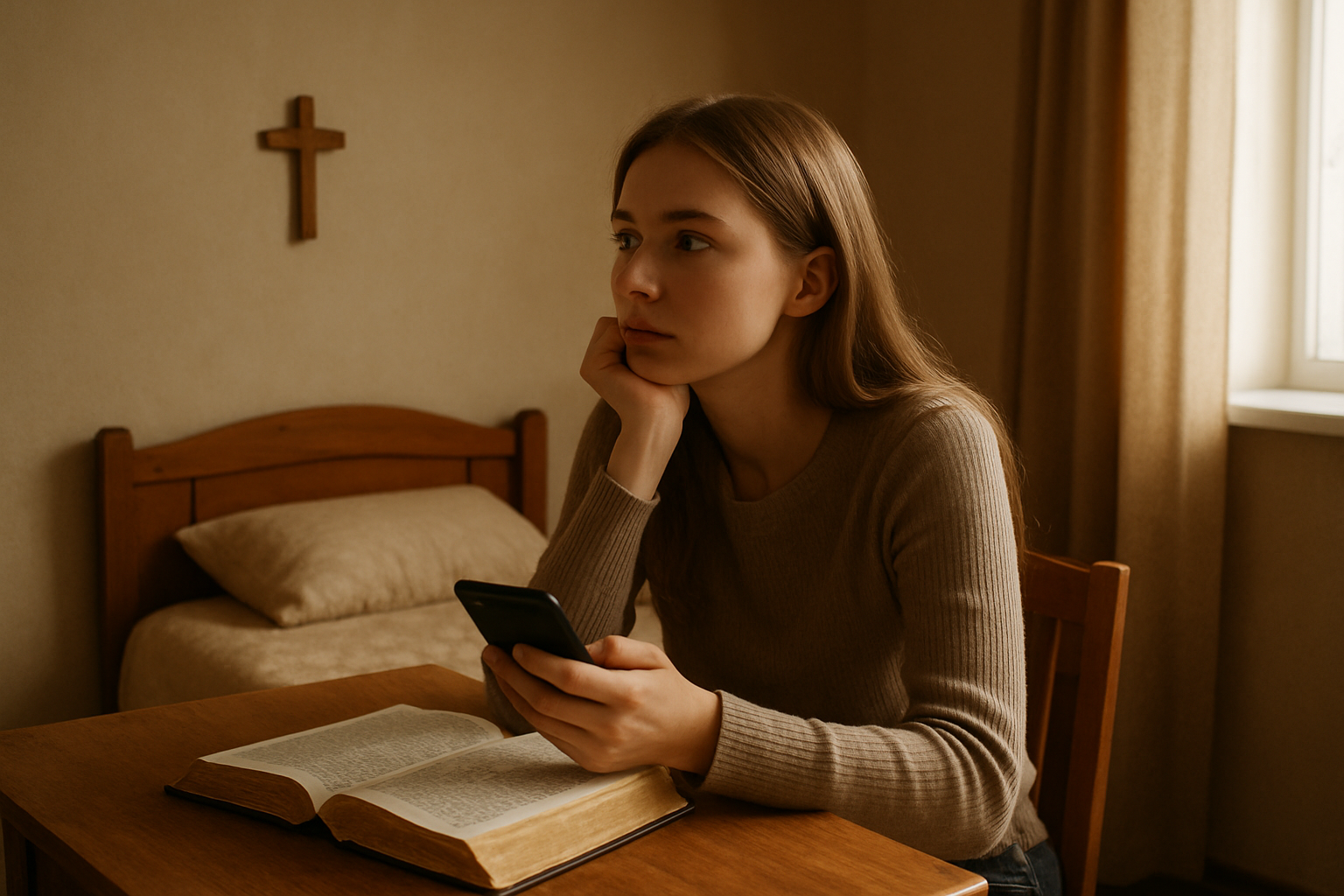 Create a realistic image of a young white female sitting at a wooden desk in a cozy bedroom, holding a smartphone while looking contemplatively away from the screen toward a small cross on the wall, with an open Bible beside her, soft natural lighting from a nearby window creating a peaceful atmosphere, warm earth tones throughout the scene, absolutely NO text should be in the scene.
