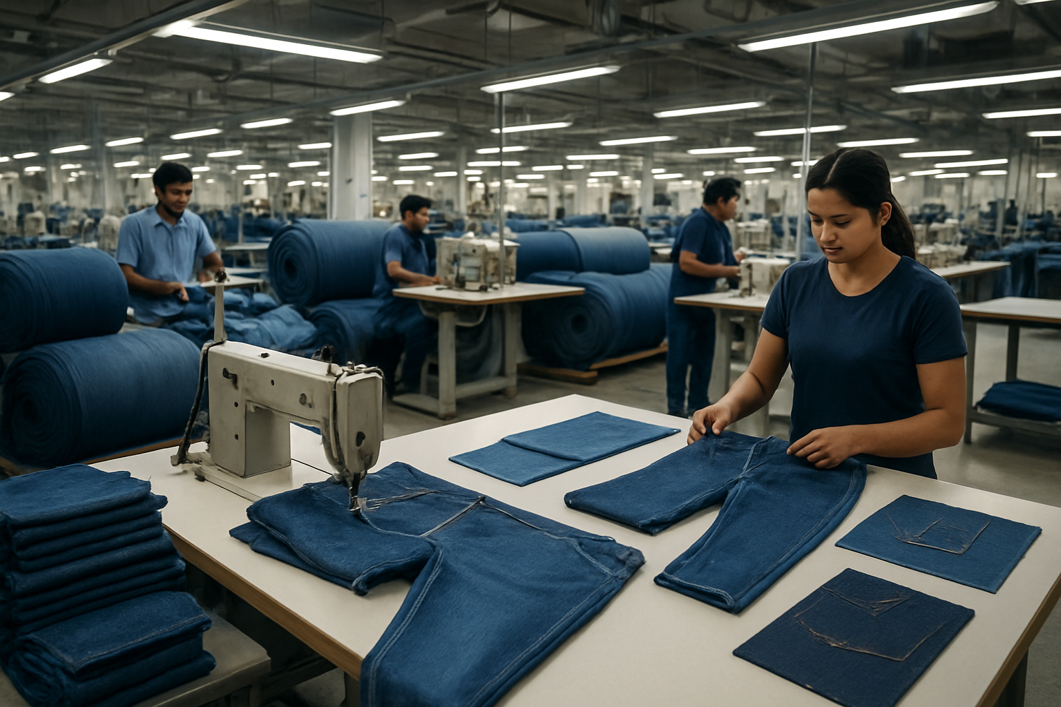 Create a realistic image of a modern Indian denim manufacturing facility interior showing industrial sewing machines with partially completed jeans, rolls of raw denim fabric in various blue shades stacked nearby, quality control stations with denim samples, and South Asian male and female workers in the background operating machinery, with bright industrial lighting illuminating the production floor and no visible brand labels on any garments, Absolutely NO text should be in the scene.