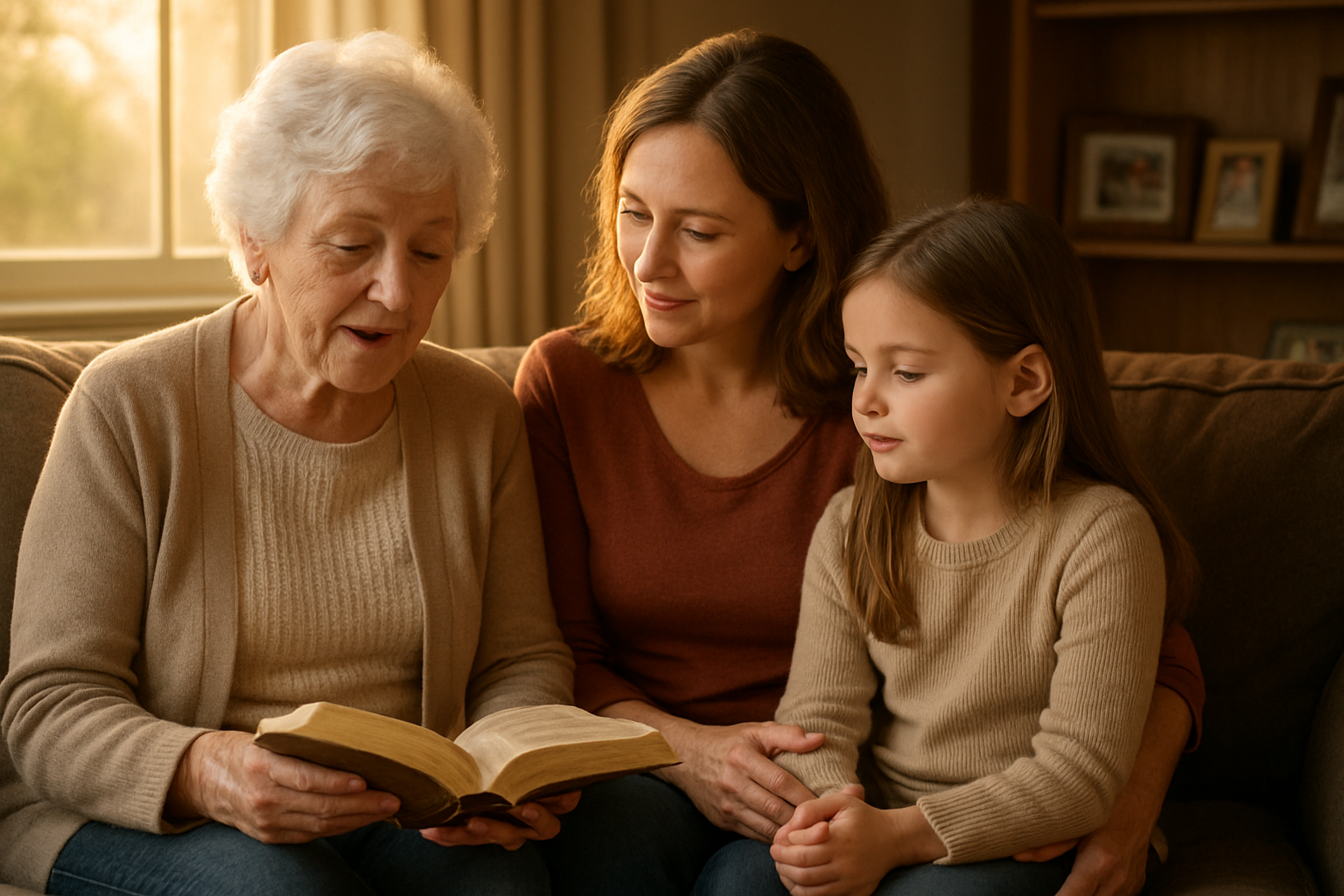 Create a realistic image of a multi-generational family scene with a white grandmother, white mother, and young white girl sitting together on a comfortable couch, with the grandmother reading from an open Bible while the mother and daughter listen attentively, warm golden afternoon sunlight streaming through a window behind them, creating a peaceful and intimate atmosphere in a cozy living room setting with family photos on nearby shelves, representing the passing down of faith and values through generations, absolutely NO text should be in the scene.