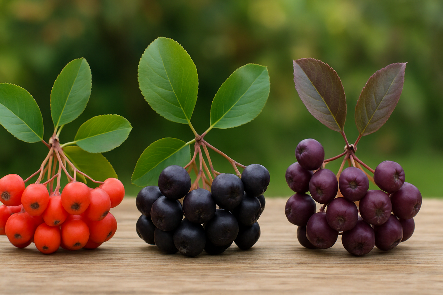 Create a realistic image of three distinct chokeberry (Aronia) varieties displayed side by side on a natural wooden surface, showing red chokeberries with bright red-orange berries in small clusters, black chokeberries with deep purple-black berries, and purple chokeberries with dark reddish-purple berries, each variety including their characteristic leaves and stems, with soft natural lighting highlighting the different colors and textures of the berries and foliage against a blurred outdoor garden background, absolutely NO text should be in the scene.