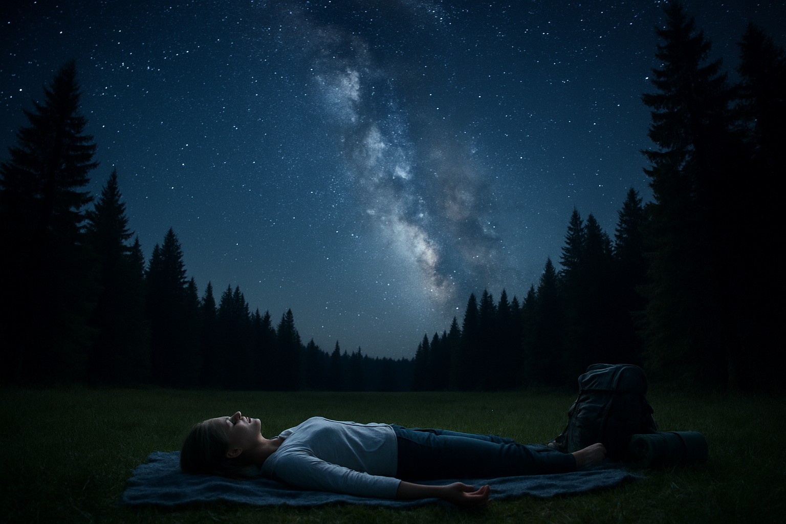 Create a realistic image of a serene nighttime scene showing a white female traveler lying comfortably on a blanket in an open meadow surrounded by tall trees, gazing upward at a brilliant star-filled sky with the Milky Way clearly visible, her arms relaxed at her sides in a meditative pose, with soft moonlight illuminating the peaceful forest clearing, creating a tranquil atmosphere that emphasizes the connection between nature and stargazing as a mindful wellness practice, with camping gear subtly placed nearby suggesting a mindful travel experience, absolutely NO text should be in the scene.