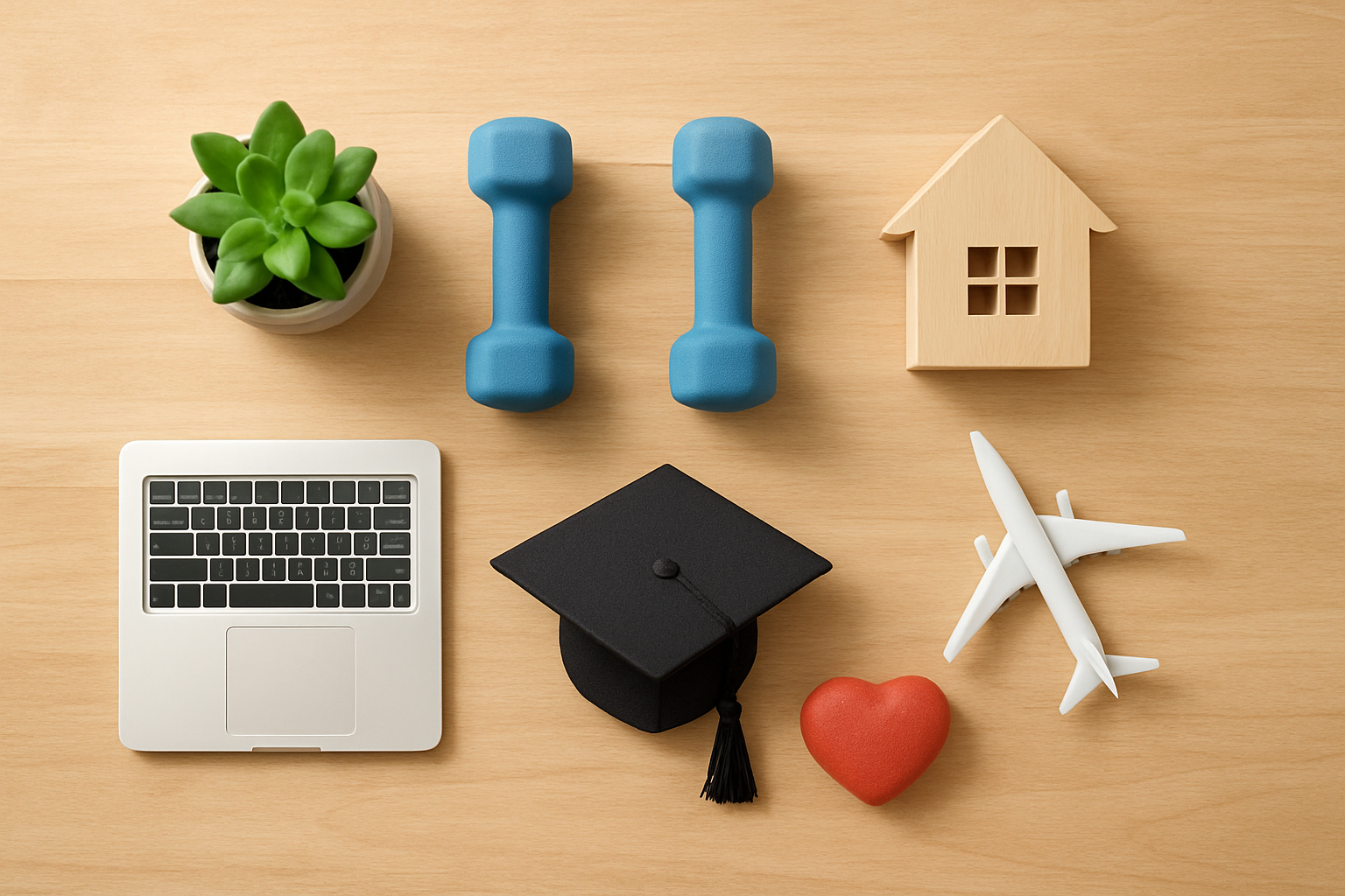 Create a realistic image of a wooden desk surface with organized sections showing different life areas represented by distinct visual elements: a small plant and dumbbells for health and wellness, miniature house model for home and family goals, laptop computer for career aspirations, graduation cap for education and learning, airplane model for travel dreams, and heart-shaped object for relationships, all arranged in a neat grid pattern on a clean white surface with soft natural lighting from above, warm and inspiring atmosphere, absolutely NO text should be in the scene.