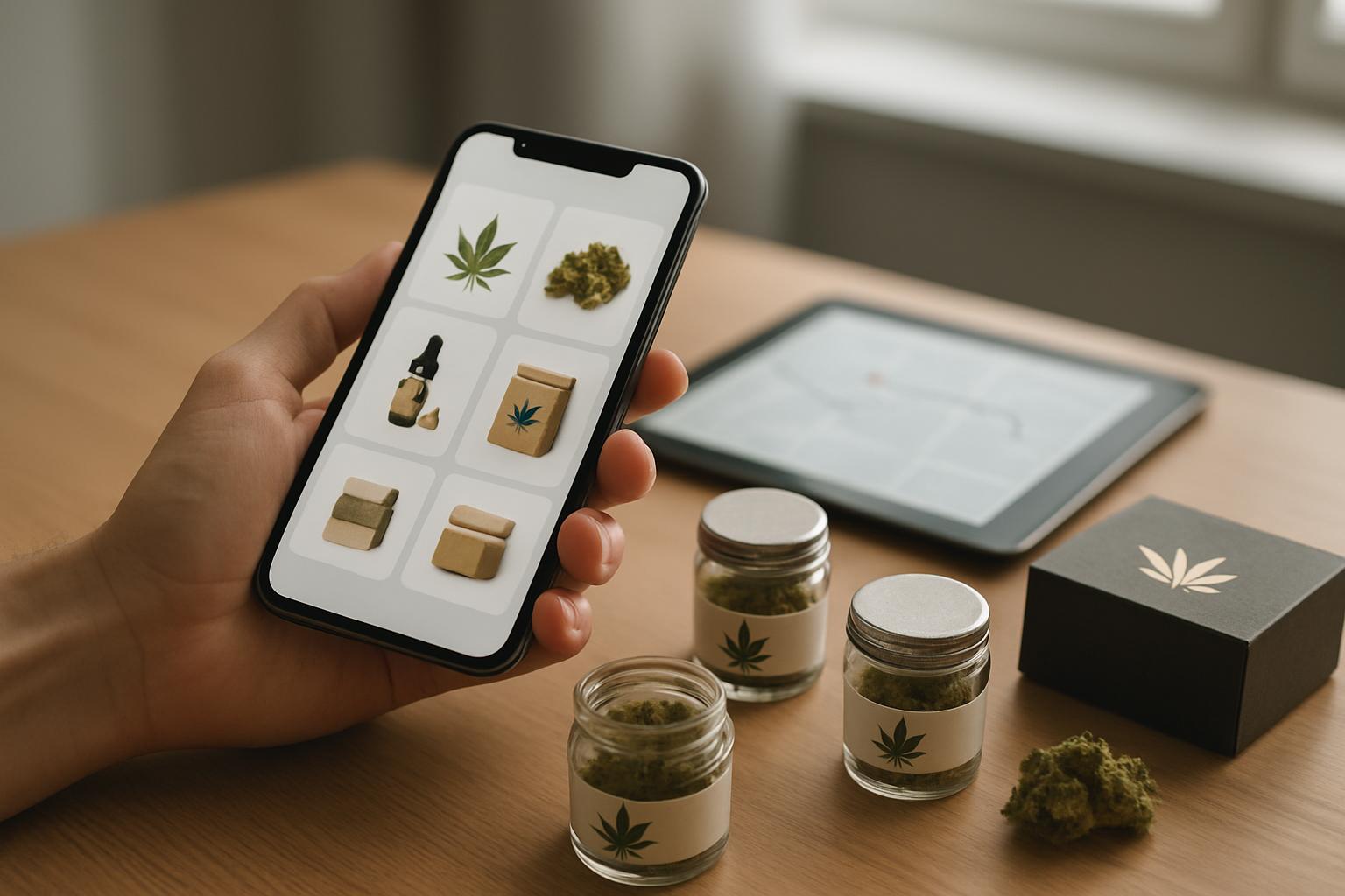 Create a realistic image of a close-up view of hands holding a smartphone displaying a cannabis delivery app interface with product categories and options, surrounded by carefully arranged cannabis products including small glass jars with labels, premium packaging, and a tablet showing delivery tracking information, set on a clean modern wooden desk with soft natural lighting from a window, conveying a sense of careful selection and professional service in a sophisticated indoor environment, absolutely NO text should be in the scene.