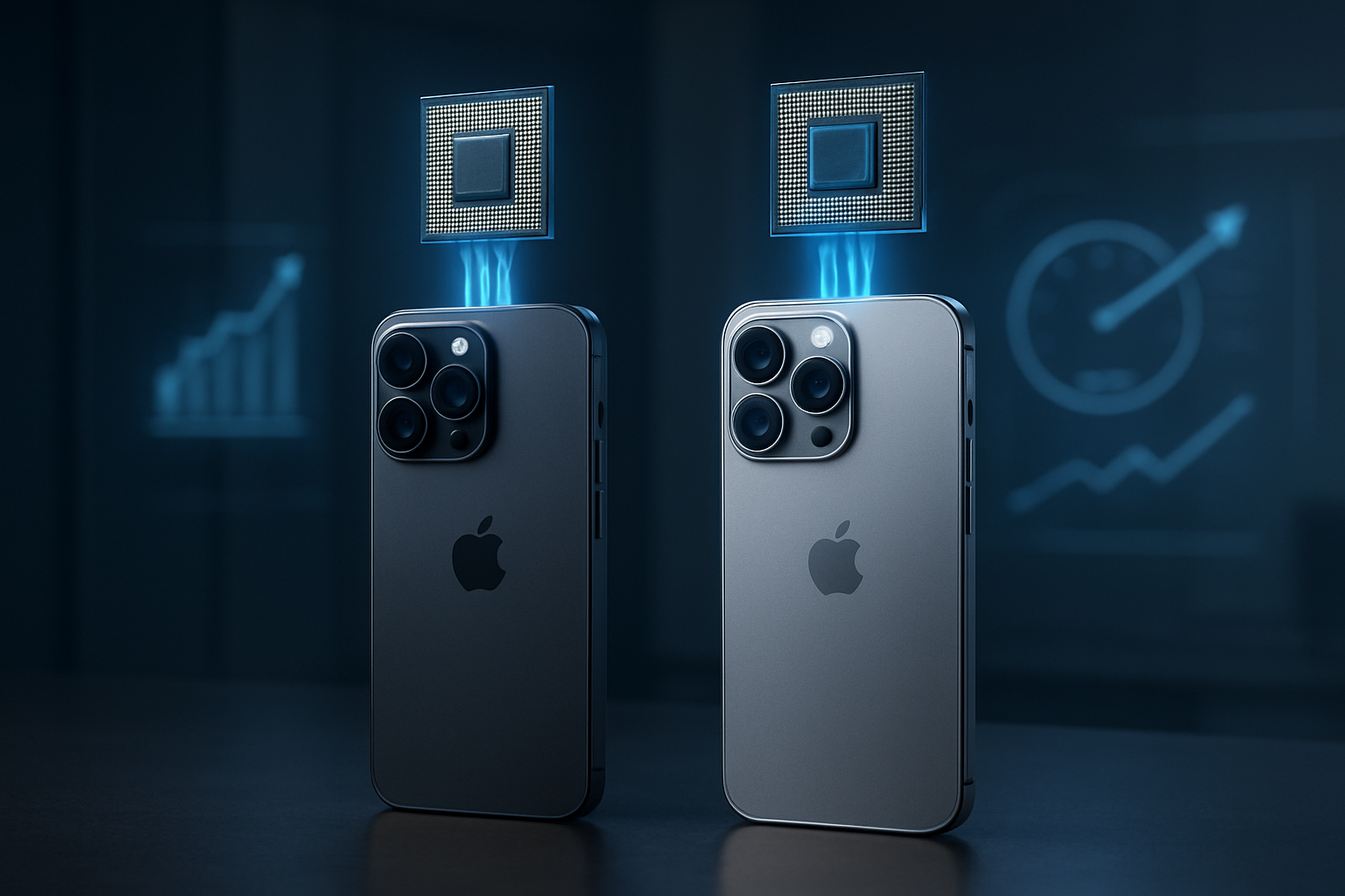 Create a realistic image of two premium smartphones side by side on a sleek dark surface, one representing iPhone 17 Pro and one iPhone 16 Pro, with visible processor chips floating above each device connected by glowing blue light trails, performance graphs and speed indicators hovering in the background showing upward trending arrows and performance metrics, modern tech laboratory setting with soft ambient lighting and subtle reflections on the surface, clean minimalist composition emphasizing the technological advancement and processing power comparison, absolutely NO text should be in the scene.