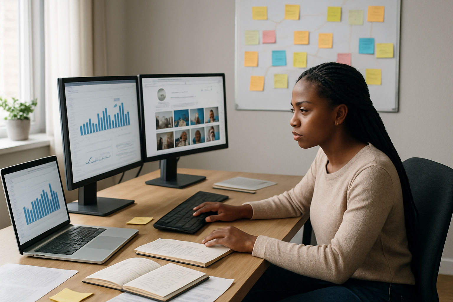Create a realistic image of a focused black female content creator sitting at a modern desk with multiple monitors displaying analytics charts, social media profiles, and video thumbnails, surrounded by organized notebooks with handwritten notes, colorful sticky notes on a wall chart mapping out content strategies, a laptop showing YouTube analytics, and research materials scattered methodically around the workspace, with soft natural lighting from a window creating a studious atmosphere in a clean home office setting, absolutely NO text should be in the scene.