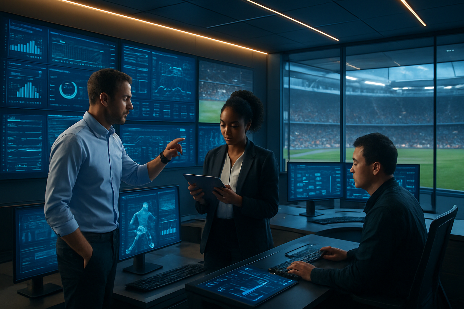 Create a realistic image of a modern sports analytics control room with multiple large wall-mounted screens displaying data visualizations, player statistics, and live game footage, featuring a diverse team of professionals including a white male data analyst pointing at performance metrics, a black female sports strategist reviewing tablet data, and an Asian male coach analyzing player formations, with sleek workstations equipped with multiple monitors, AI-powered dashboards showing real-time analytics, holographic projections of player movements, warm LED lighting creating a high-tech atmosphere, futuristic design elements with glass panels and metallic surfaces, and a panoramic view of a stadium through floor-to-ceiling windows in the background, conveying innovation and competitive advantage through technology, absolutely NO text should be in the scene.