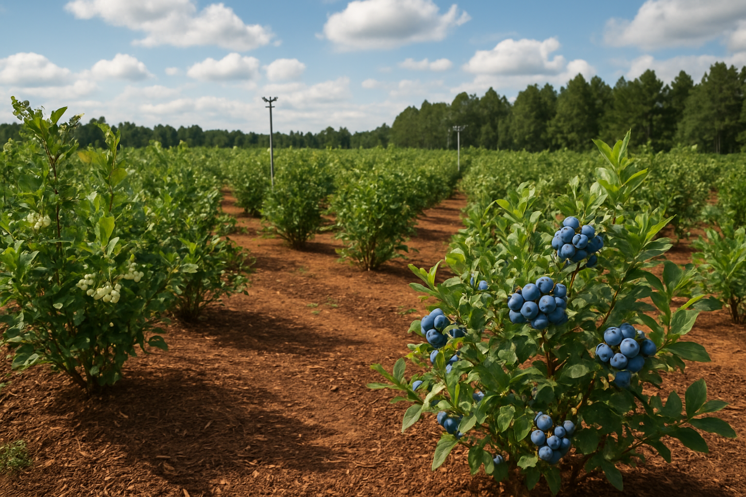 Create a realistic image of a well-maintained blueberry farm with rows of healthy blueberry bushes in various stages of growth, showing rich acidic soil with visible mulch around the plants, proper spacing between rows for cultivation, some bushes displaying ripe blue berries while others show white flowers, set against a partly cloudy sky with soft natural lighting, including irrigation equipment or sprinkler systems visible in the background, with pine trees or forest edge in the distance indicating the preferred growing environment, absolutely NO text should be in the scene.